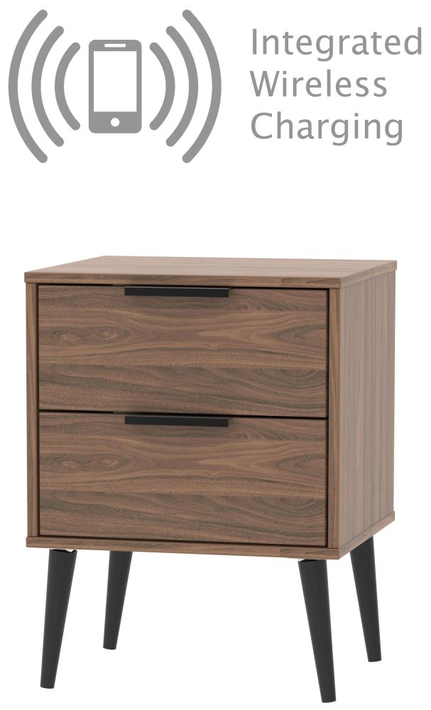Hong Kong Bedside Cabinet - 2 Drawer - with Wooden Legs - Walnut