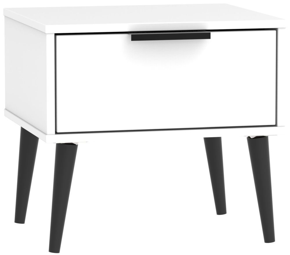 Hong Kong White 1 Drawer Bedside Cabinet with Wooden Legs