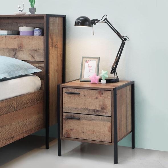 Industrial Rustic Oak Effect 2 Drawer Bedside Cabinet