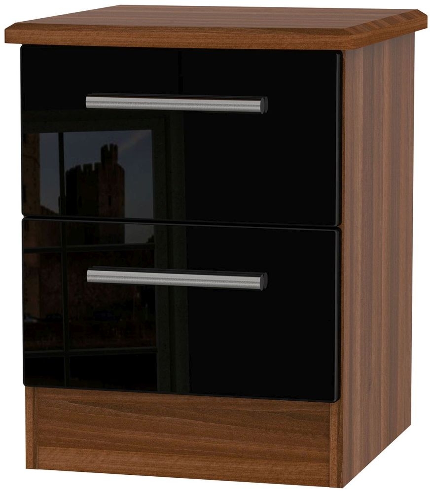 Knightsbridge Bedside Cabinet - 2 Drawer - Black Gloss and Walnut