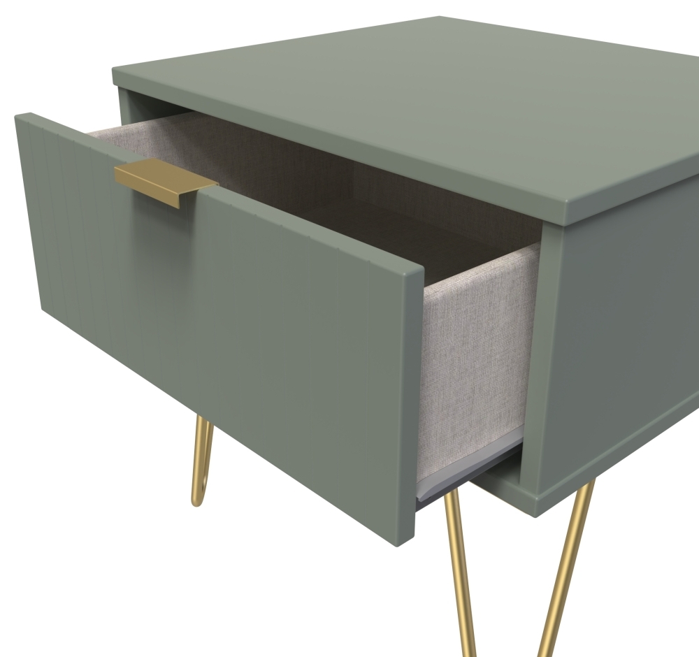 Linear Bedside Table - 1 Drawer - with Gold Hairpin Legs - Green