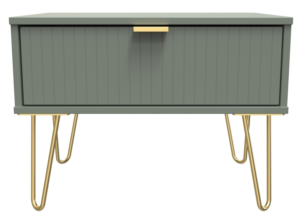 Linear Green 1 Drawer Wide Bedside Cabinet with Gold Hairpin Legs
