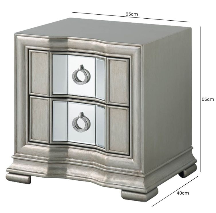 Lucca Bedside Cabinet - 2 Drawer - Mirrored - Grey