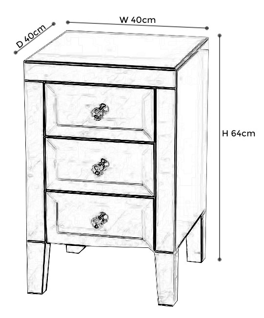 Lucia Bedside Cabinet - 3 Drawer - Mirrored
