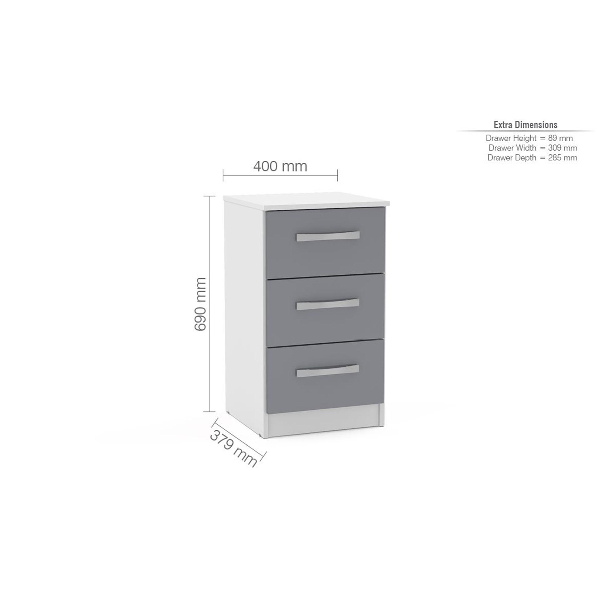 Lynx Bedside Cabinet - 3 Drawer - White and Grey Gloss
