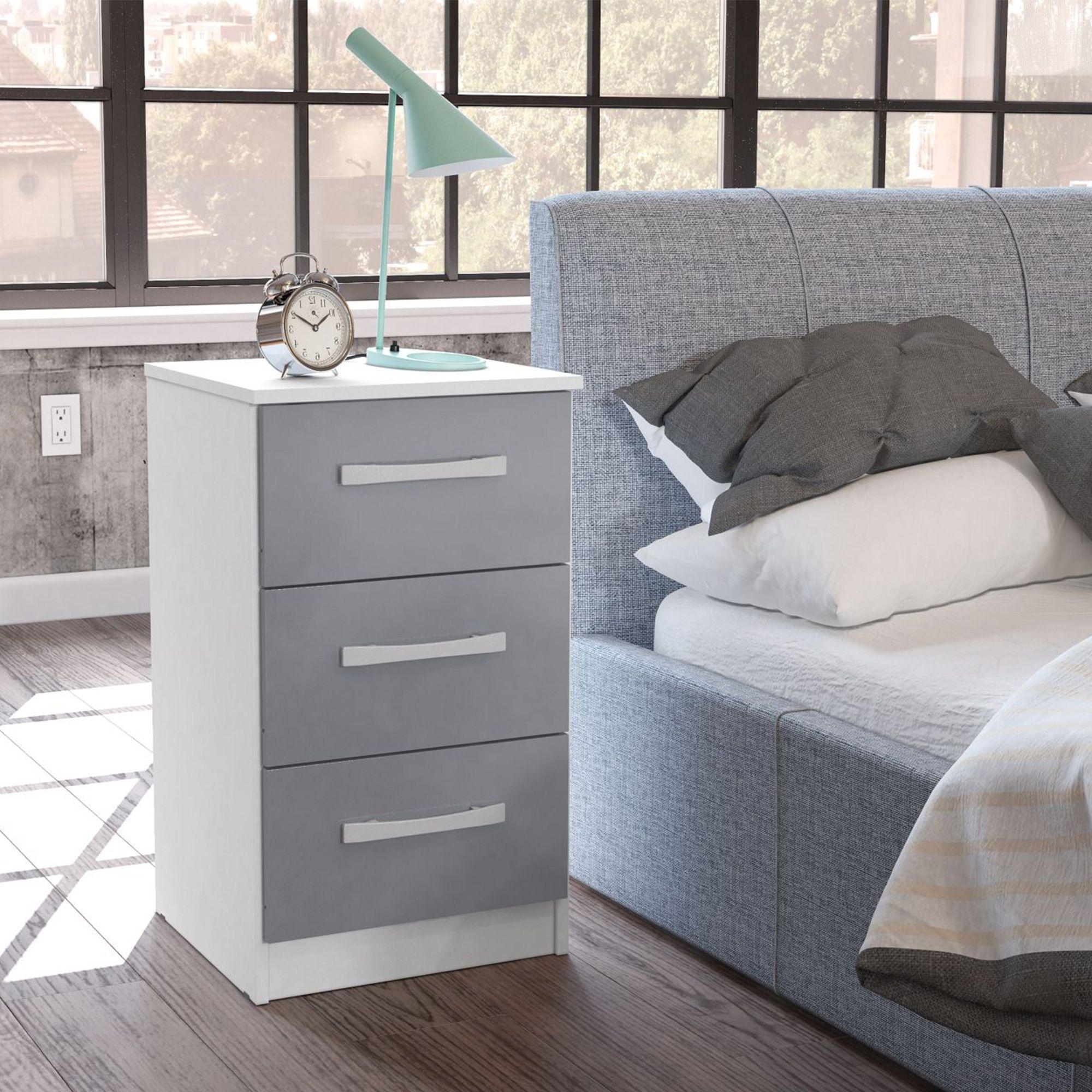 Lynx Bedside Cabinet - 3 Drawer - White and Grey Gloss