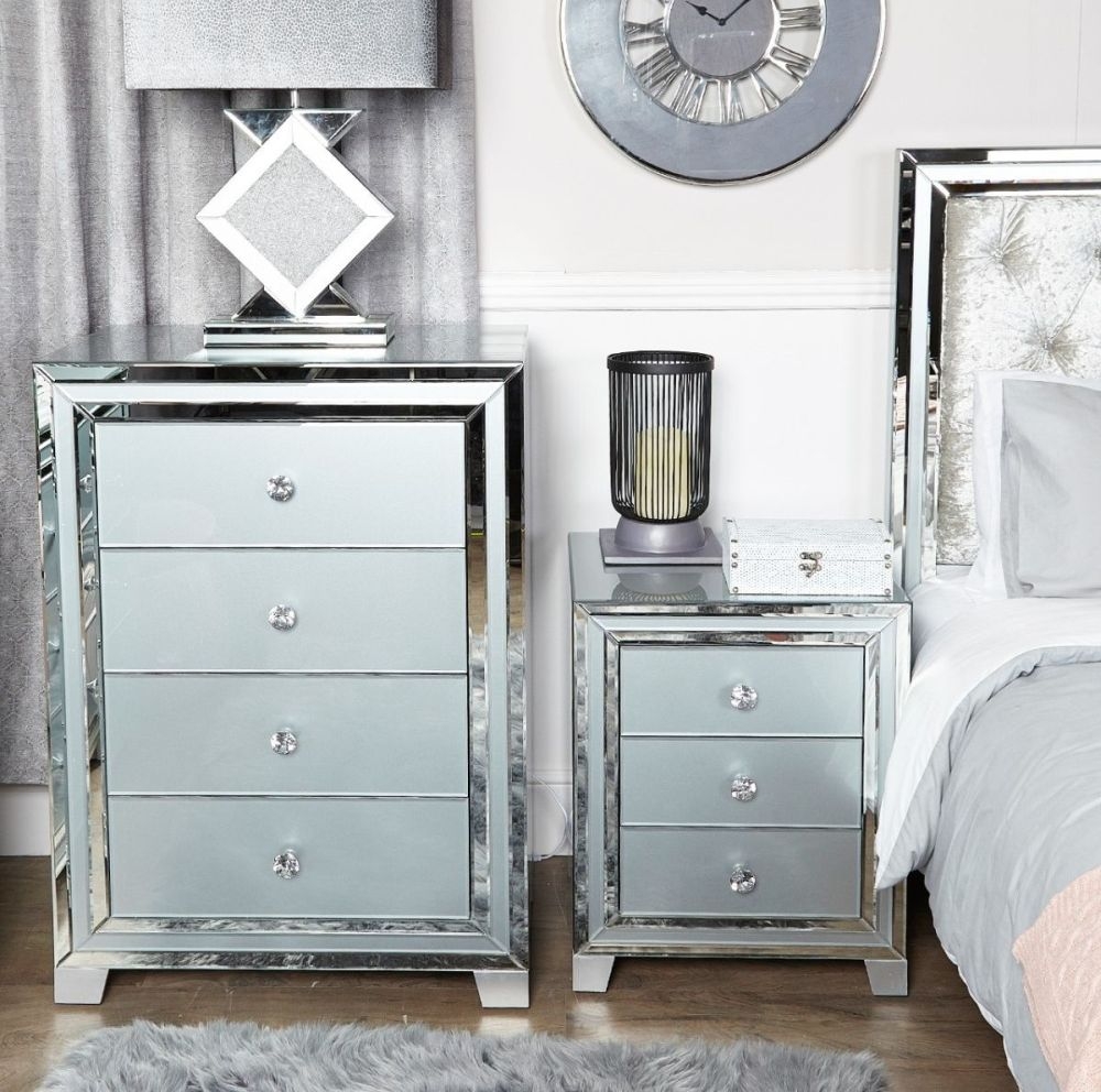 Manhattan Bedside Cabinet - 3 Drawer - Grey Mirrored