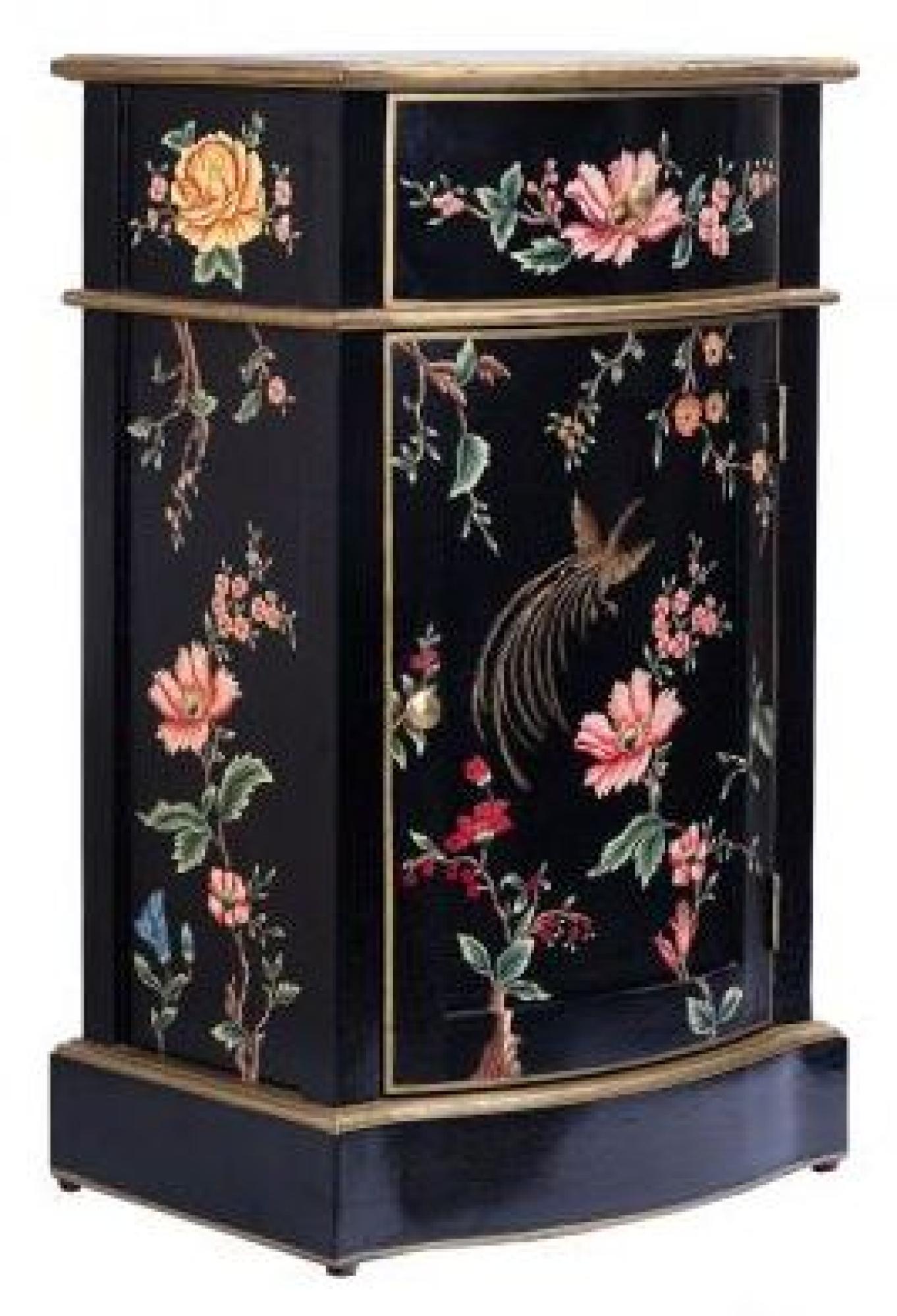 Meerut Black Lyre Bird Design 1 Door Bedside Cabinet