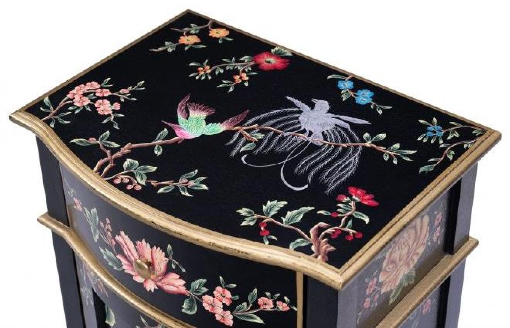 Meerut Black Lyre Bird Design 1 Door Bedside Cabinet