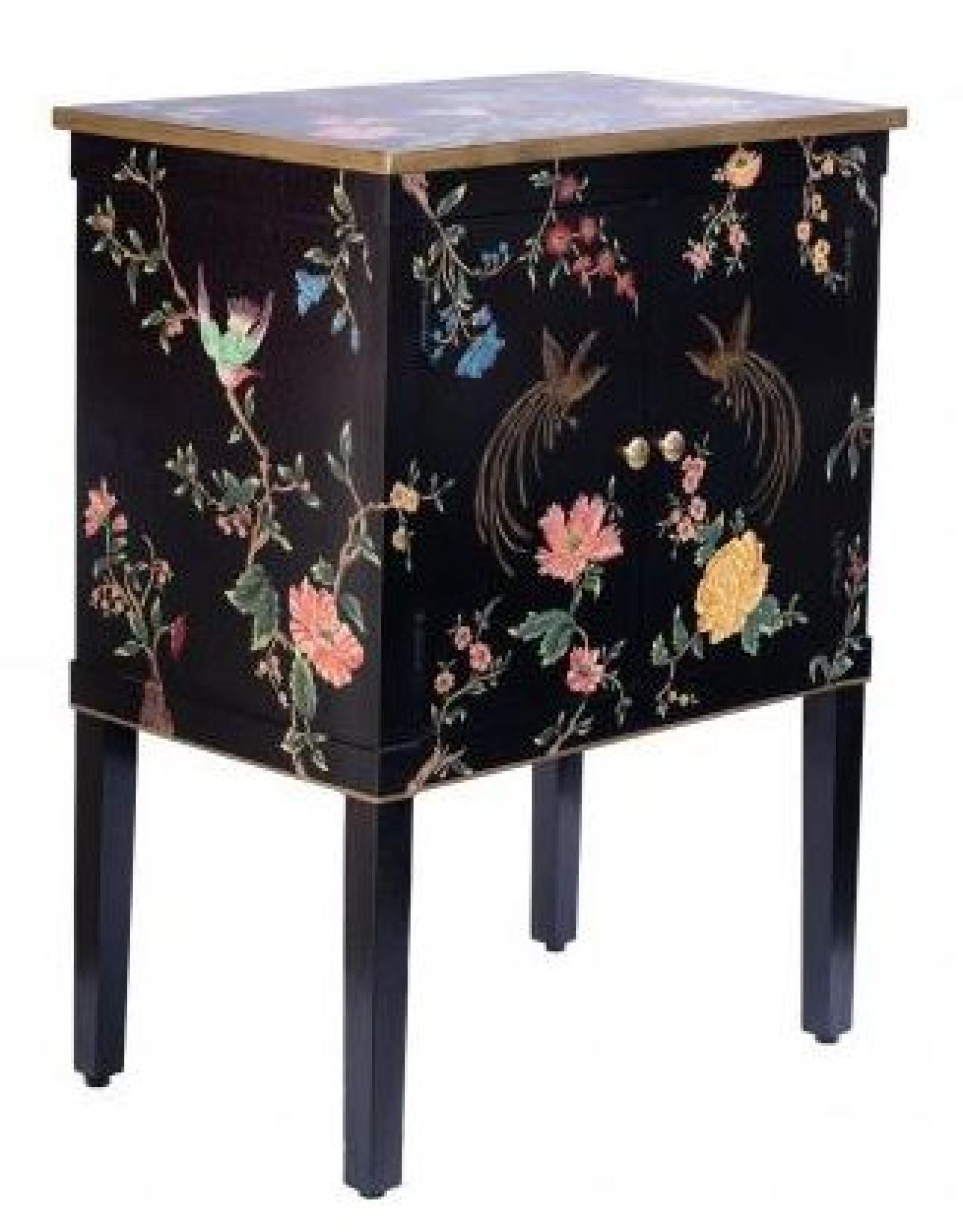 Meerut Black Lyre Bird Design 2 Door Bedside Cabinet
