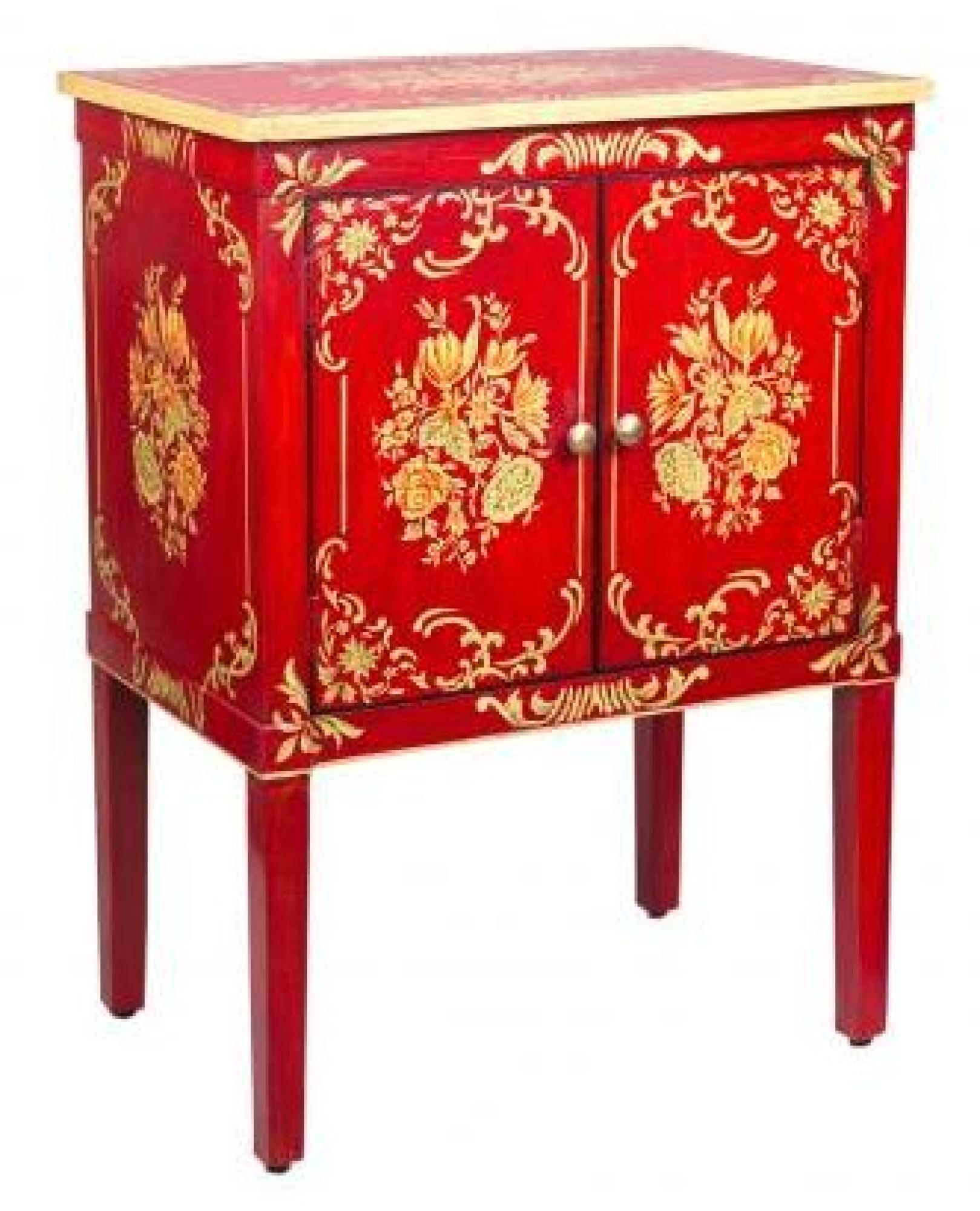 Meerut Red Floral Design 2 Door Bedside Cabinet