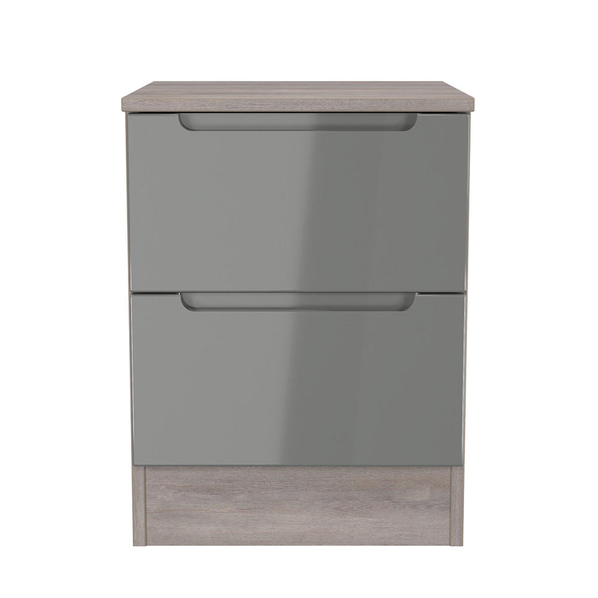 Milan Bedside Cabinet - 2 Drawer - Grey Gloss and Grey Oak