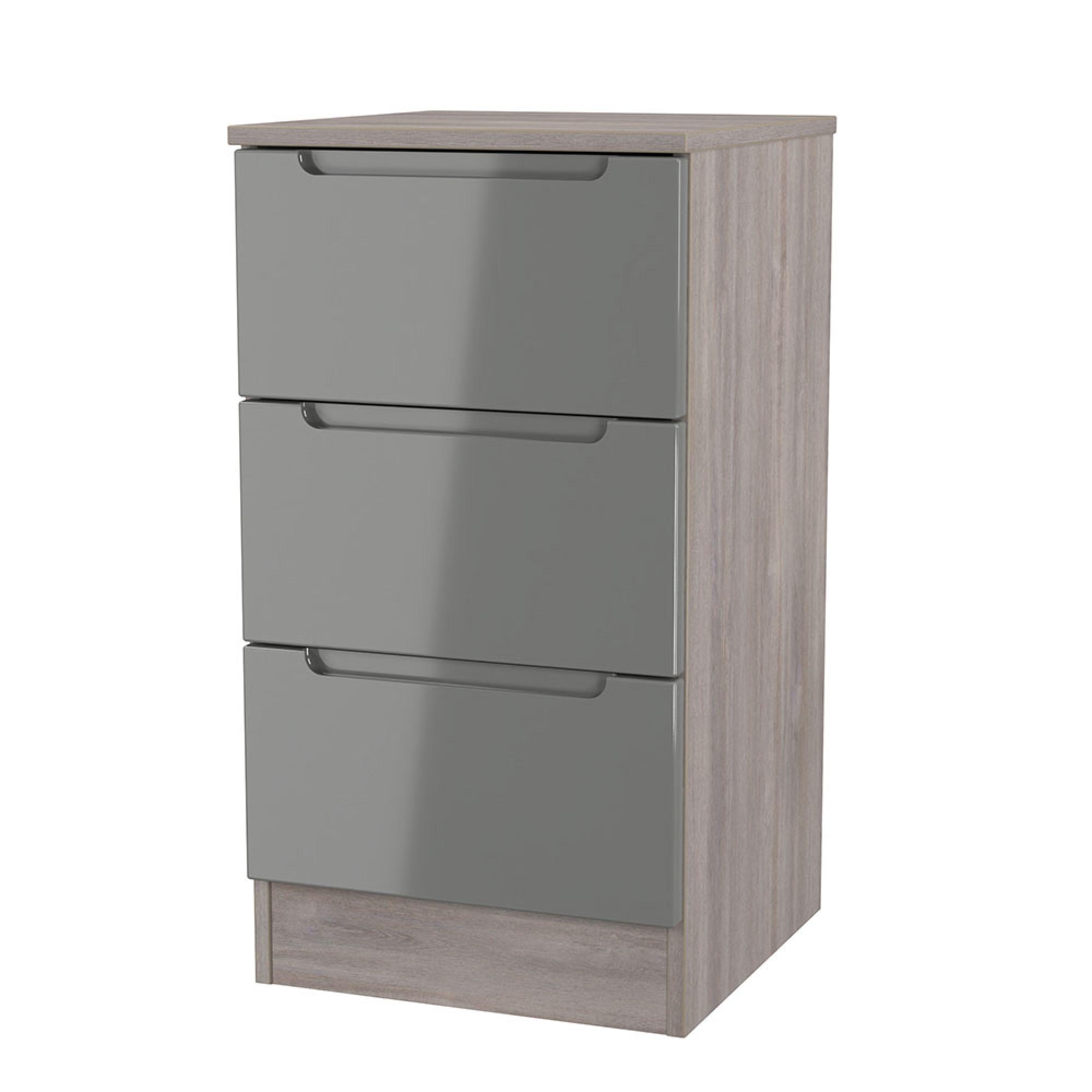 Milan Bedside Cabinet - 3 Drawer - Grey Gloss and Grey Oak