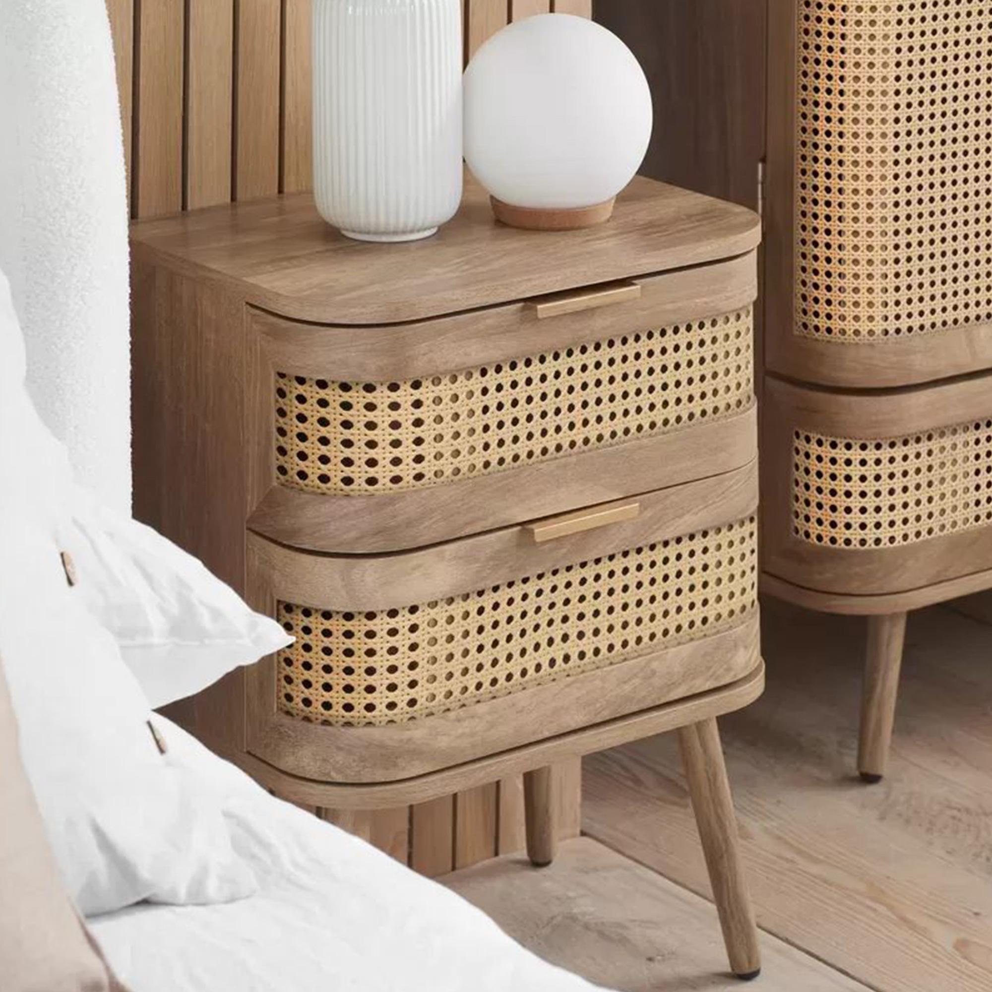 Noah Curved Bedside Table - 2 Drawer - Oak and Rattan