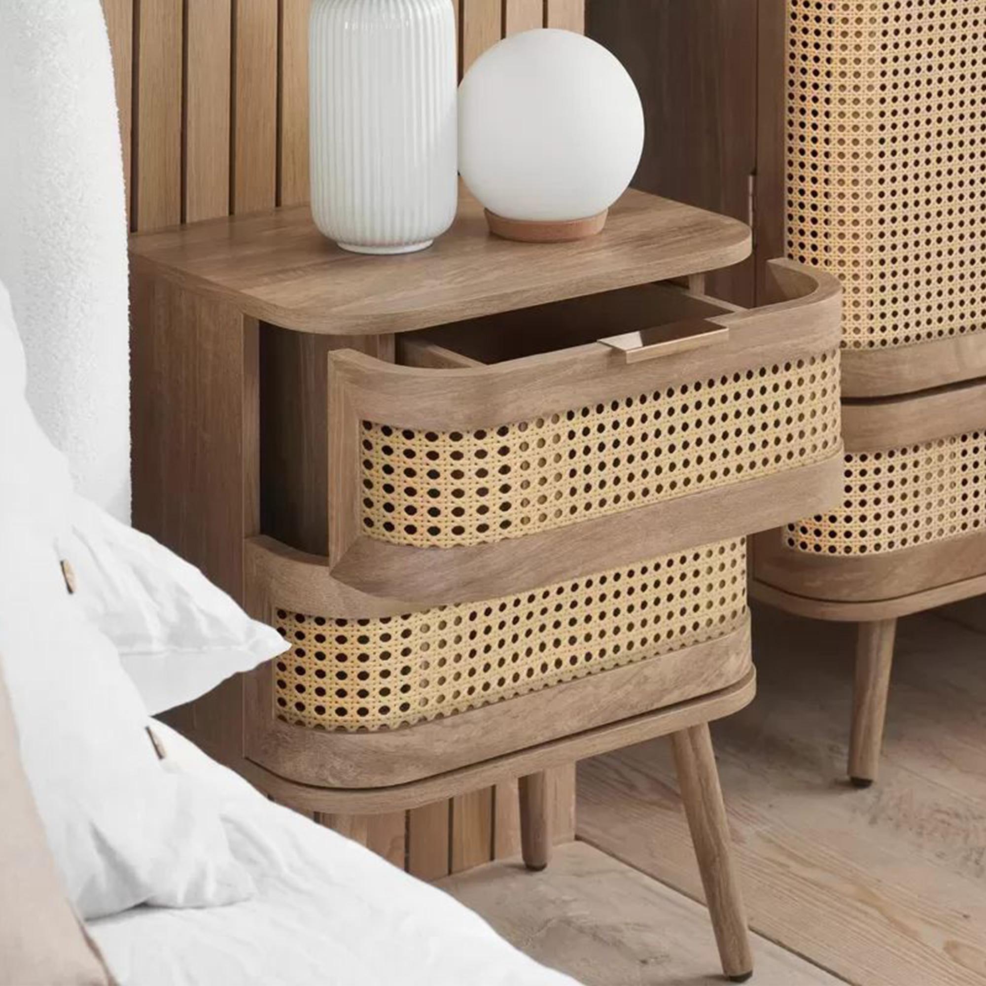 Noah Curved Bedside Table - 2 Drawer - Oak and Rattan