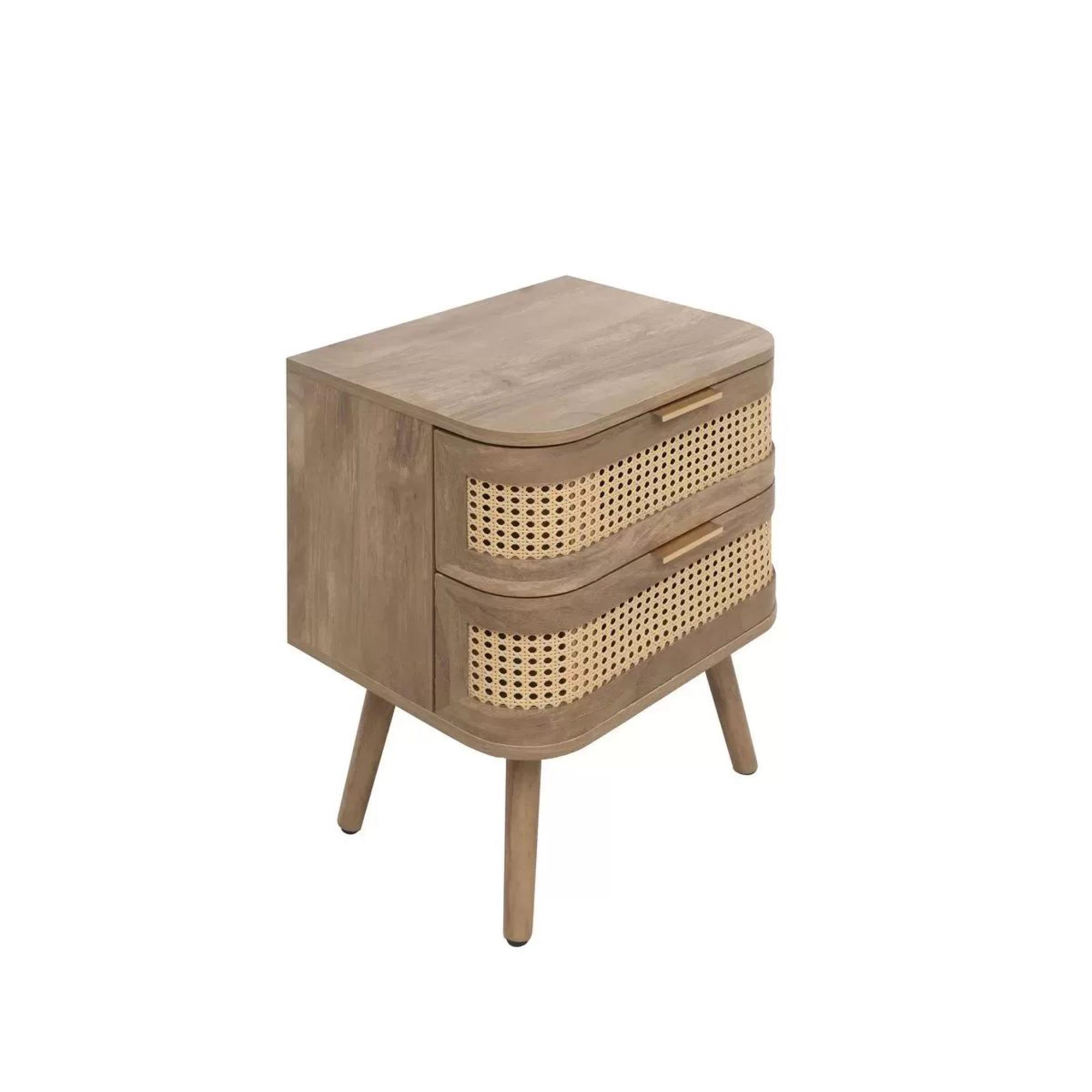 Noah Curved Bedside Table - 2 Drawer - Oak and Rattan