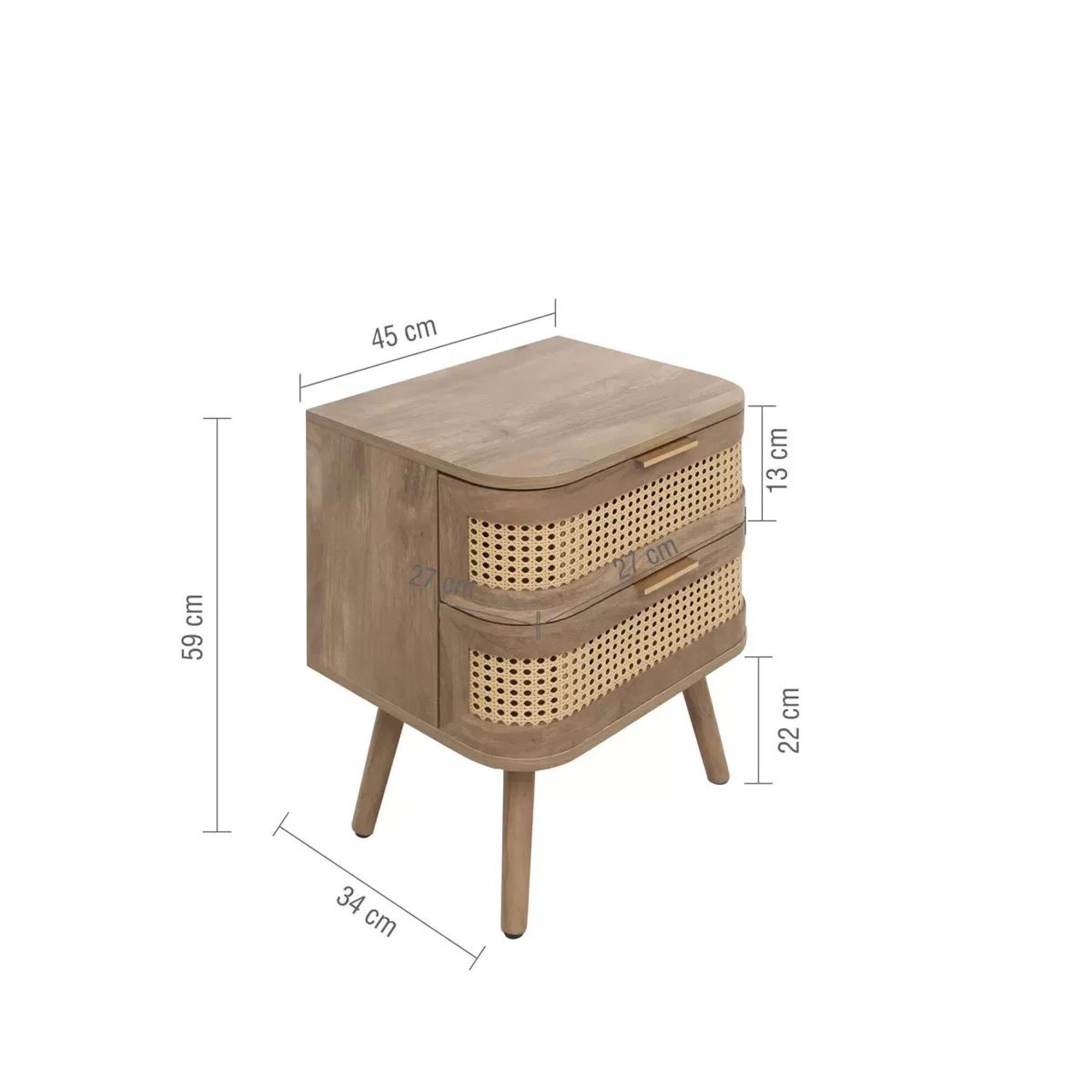 Noah Curved Bedside Table - 2 Drawer - Oak and Rattan
