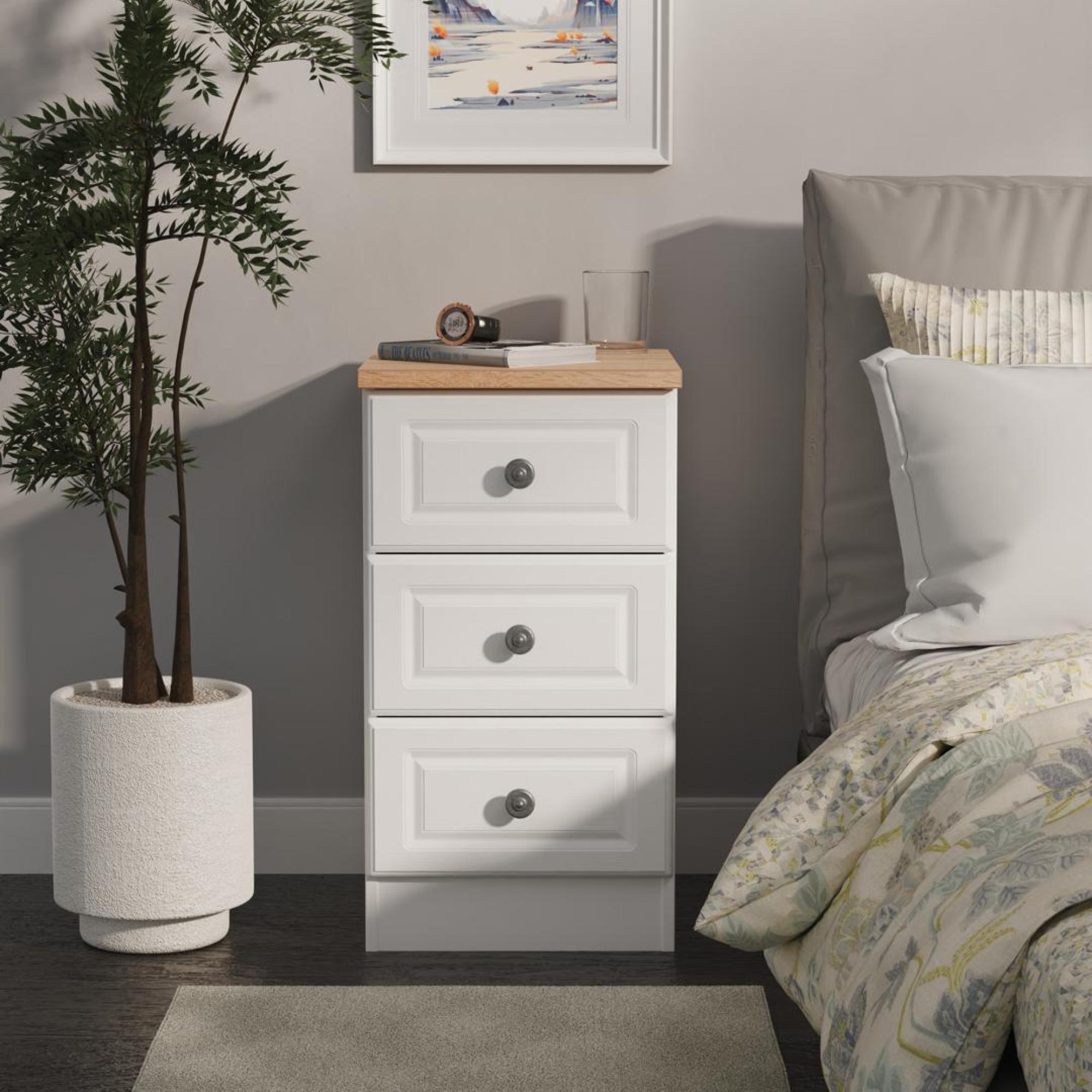 Norfolk Bedside Cabinet - 3 Drawer - White and Oak