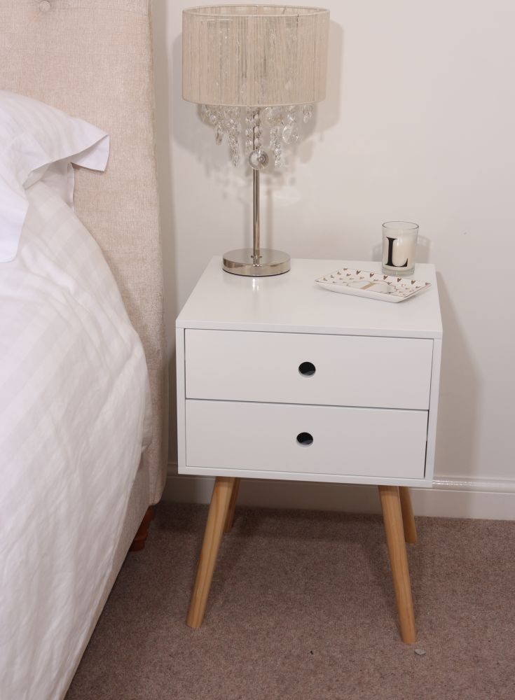 Options Bedside Table - 2 Drawer - White - Wooden Legs