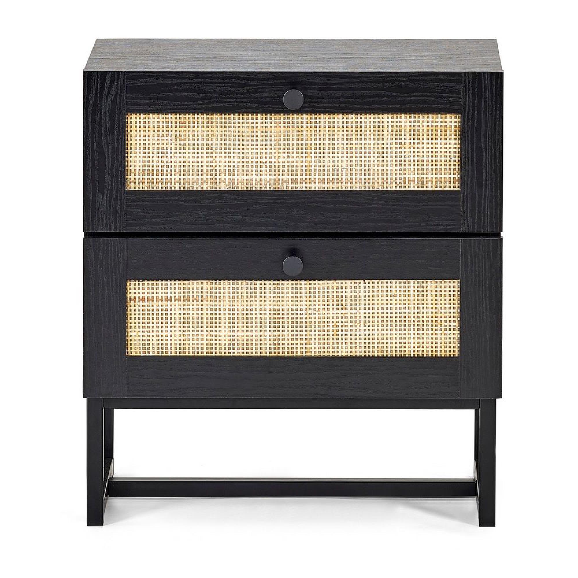 Padstow Bedside Cabinet - 2 Drawer - Black and Rattan