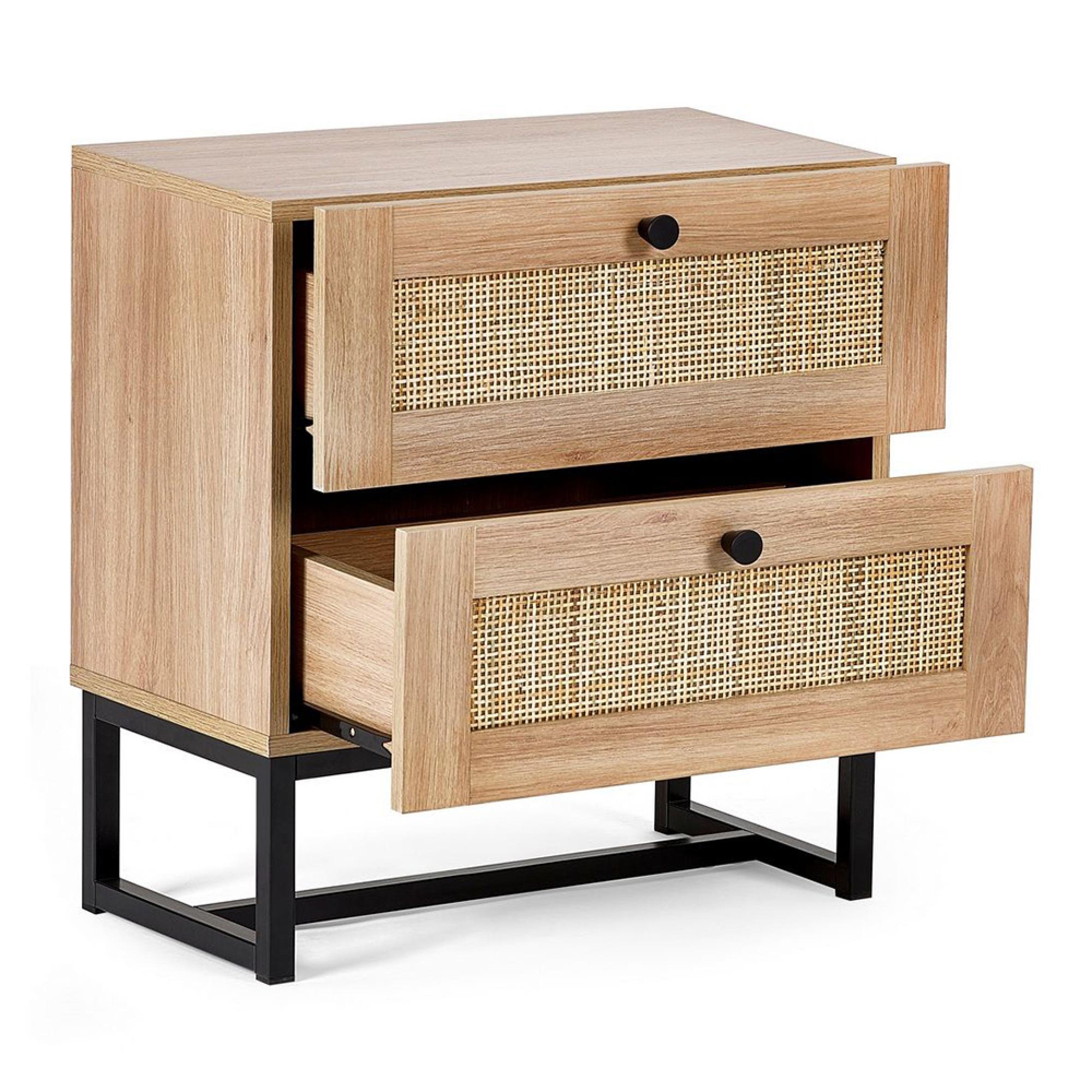 Padstow Bedside Cabinet - 2 Drawer - Oak and Rattan