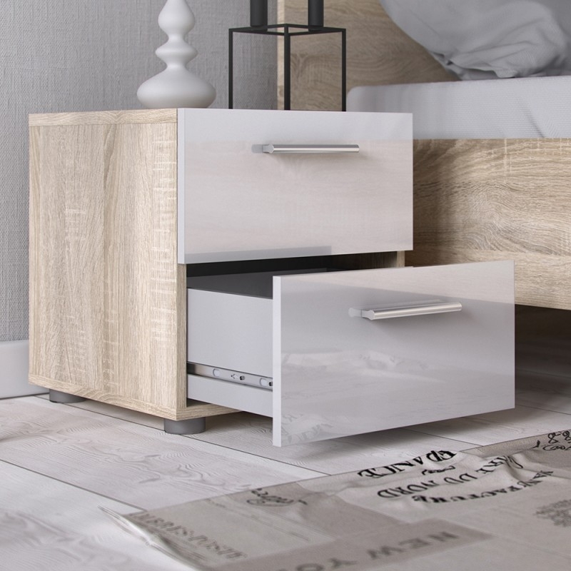 Pepe Oak Effect and White Gloss 2 Drawer Bedside Cabinet
