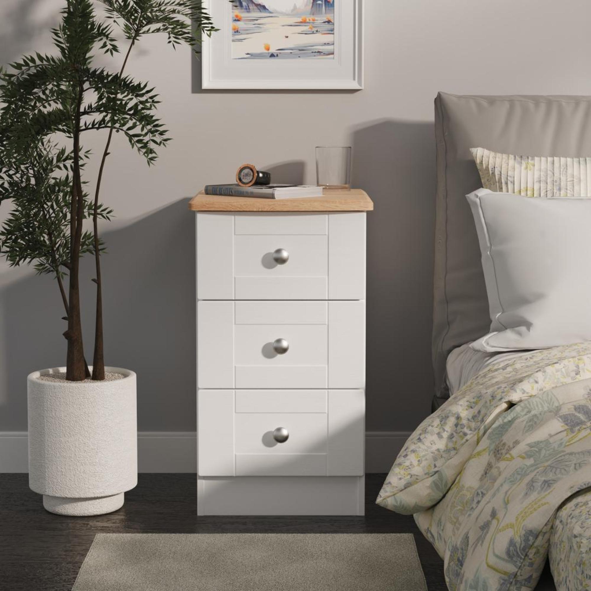 Sussex Bedside Cabinet - 3 Drawer - White and Oak