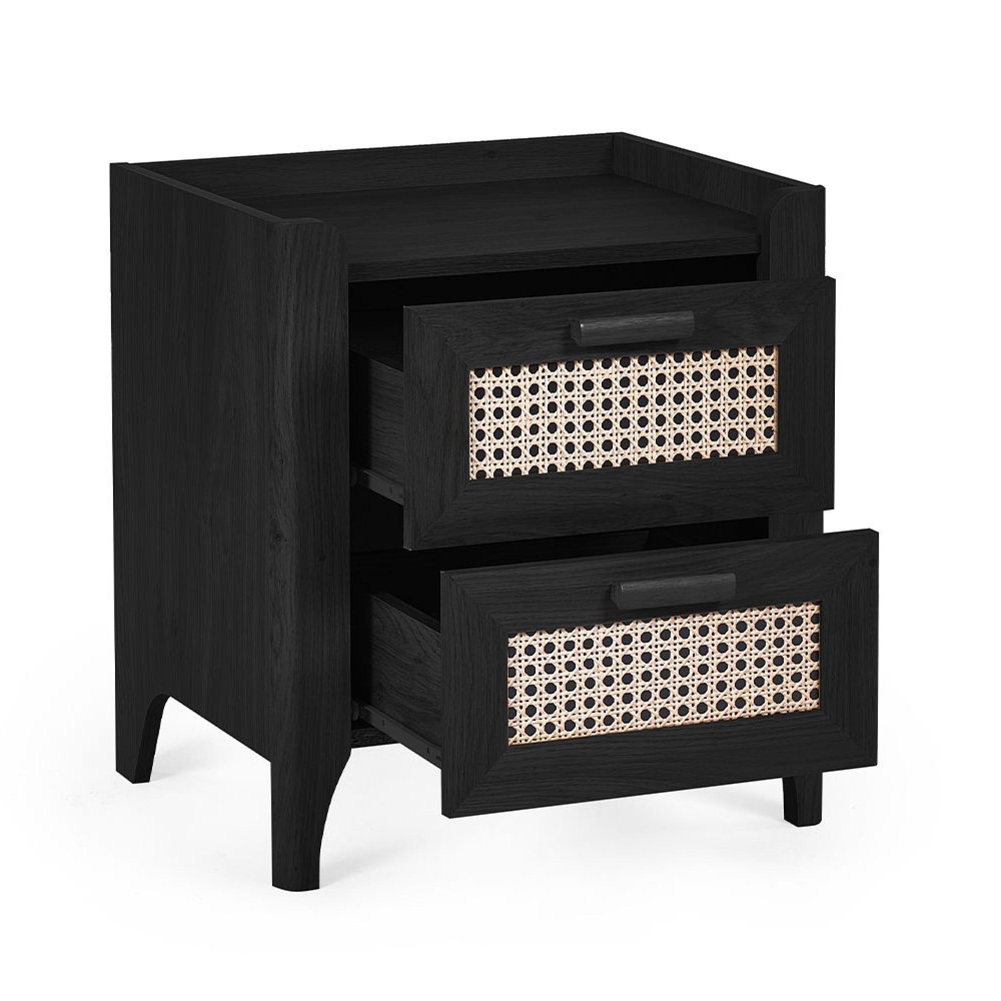 Sydney Bedside Cabinet - 2 Drawer - Black and Faux Rattan