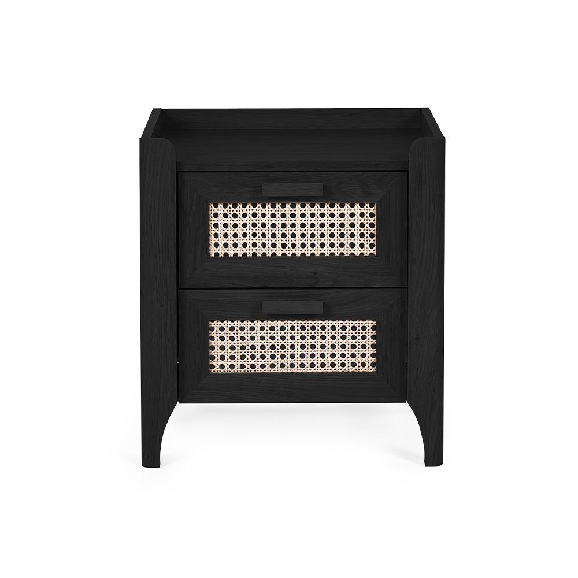 Sydney Bedside Cabinet - 2 Drawer - Black and Faux Rattan