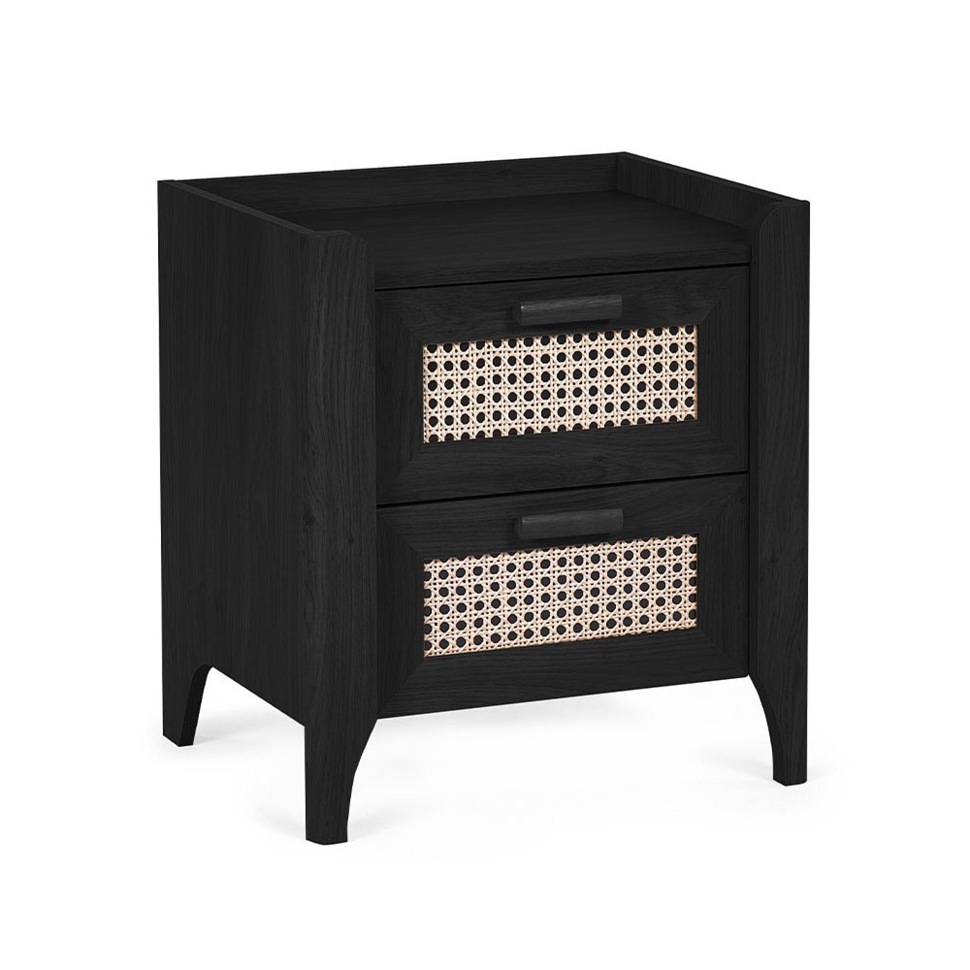 Sydney Bedside Cabinet - 2 Drawer - Black and Faux Rattan