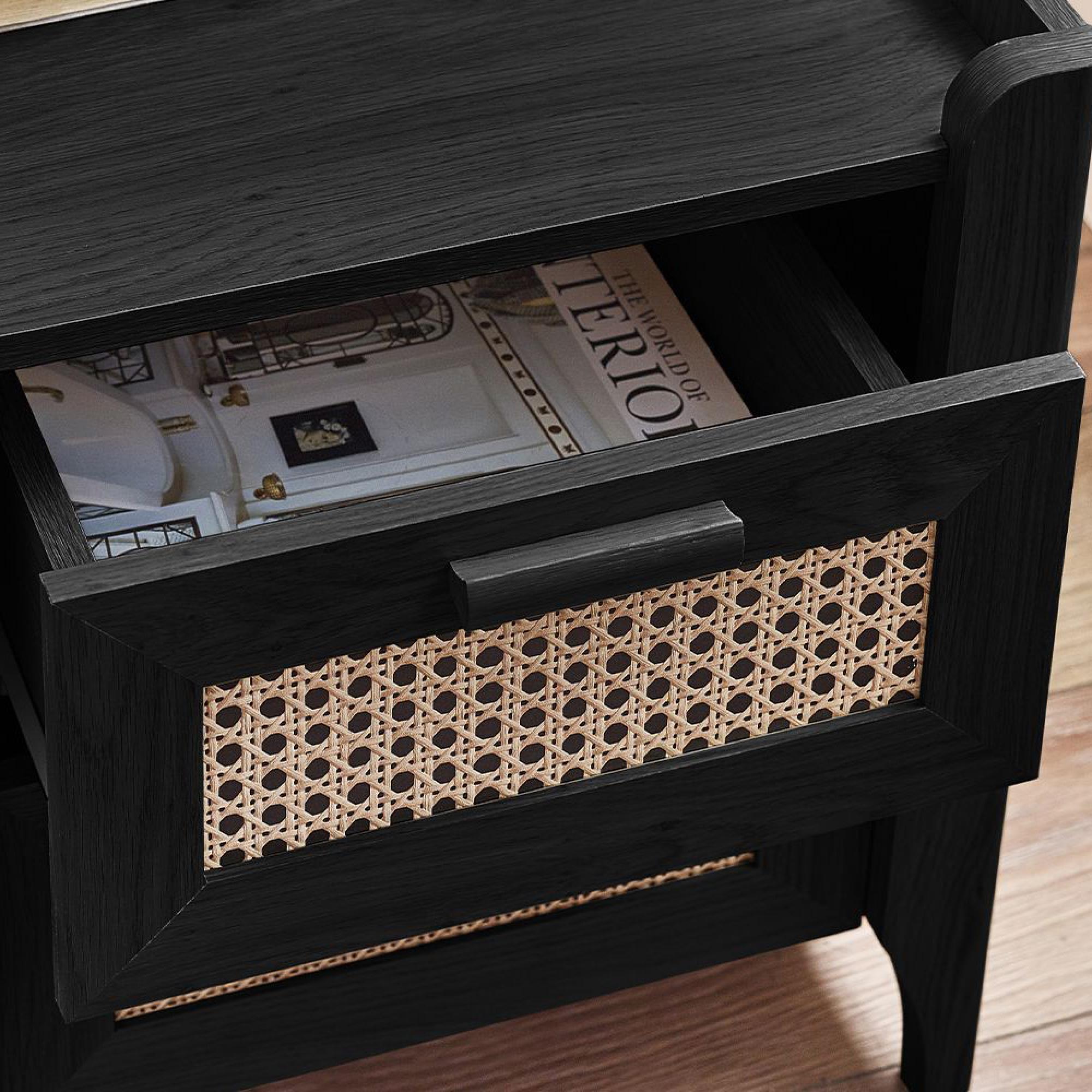 Sydney Bedside Cabinet - 2 Drawer - Black and Faux Rattan