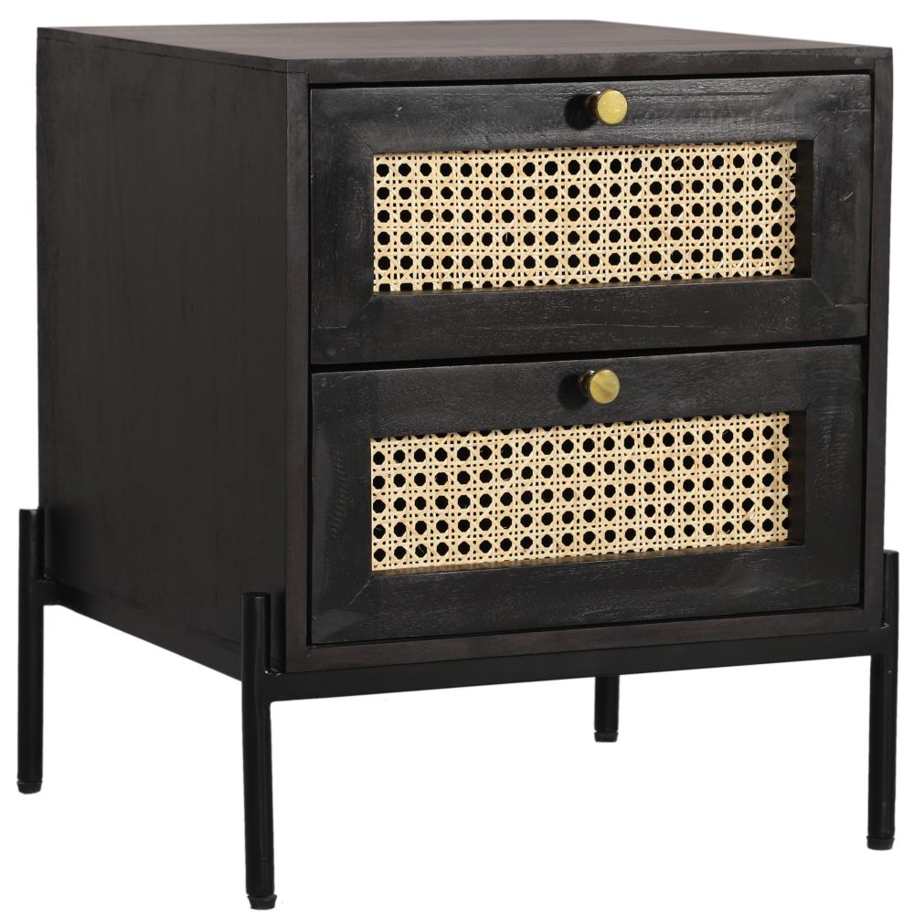 Tapola Black Wood and Rattan 2 Drawer Bedside Cabinet