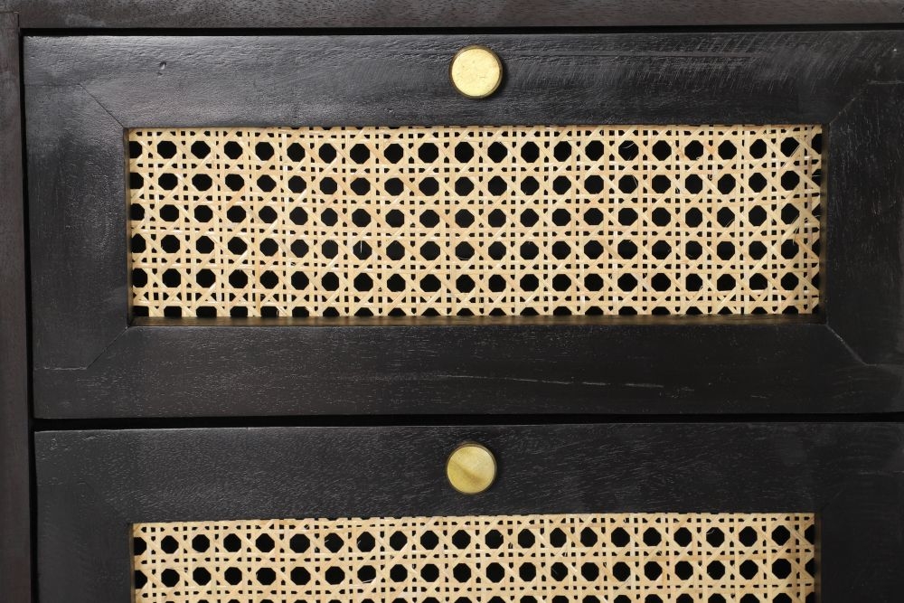 Tapola Black Wood and Rattan 2 Drawer Bedside Cabinet
