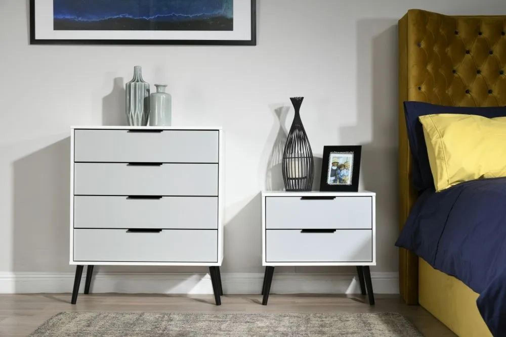 Hong Kong Bedside Cabinet - 2 Drawer - Wide - with Wooden Legs - Grey and White