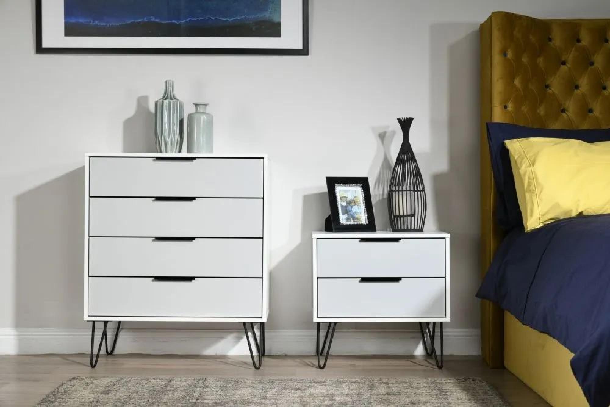 Hong Kong Bedside Cabinet - 2 Drawer - Wide - with Hairpin Legs - Grey and White