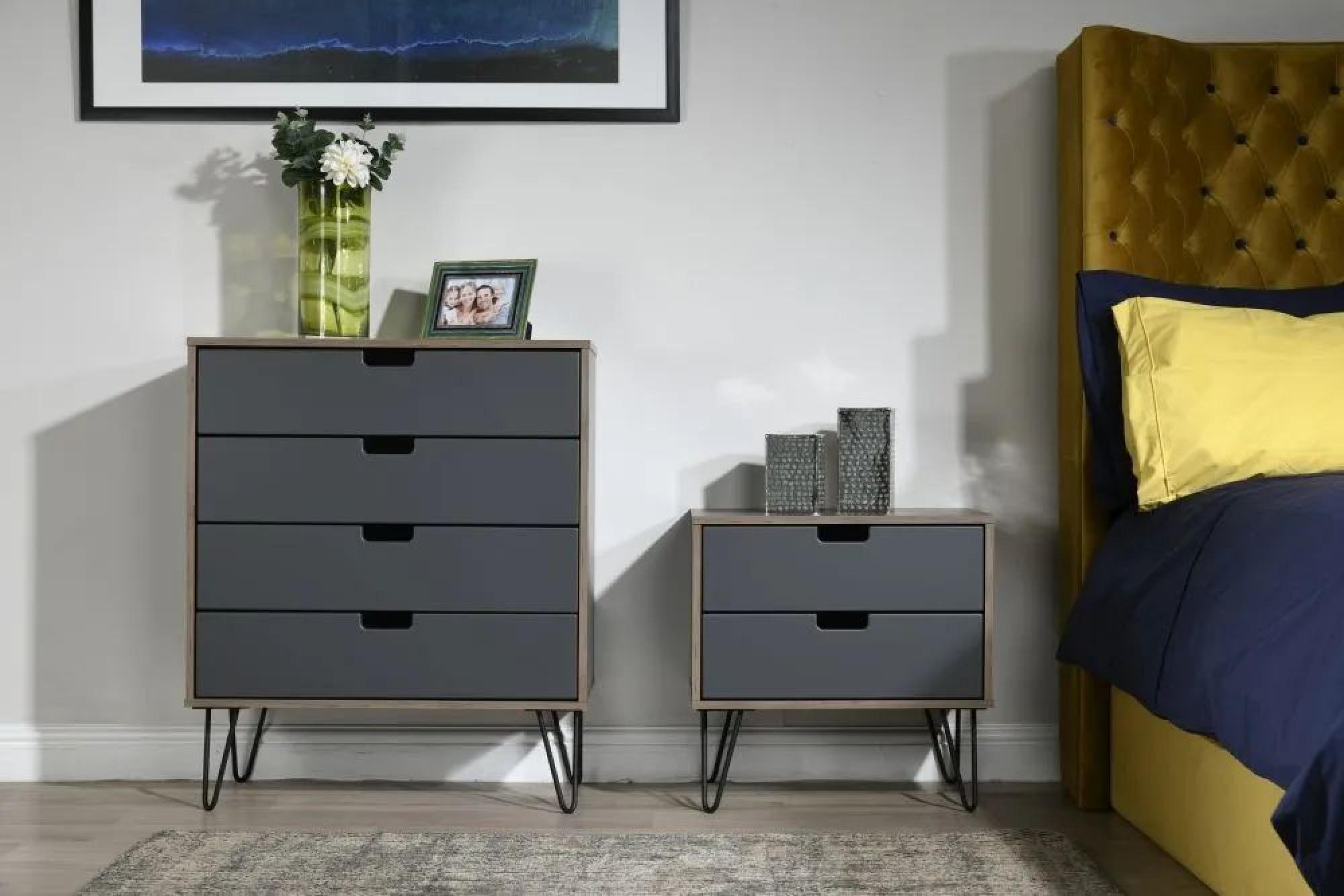 Shanghai Bedside Cabinet - 2 Drawer - Wide - Hairpin Legs - Graphite