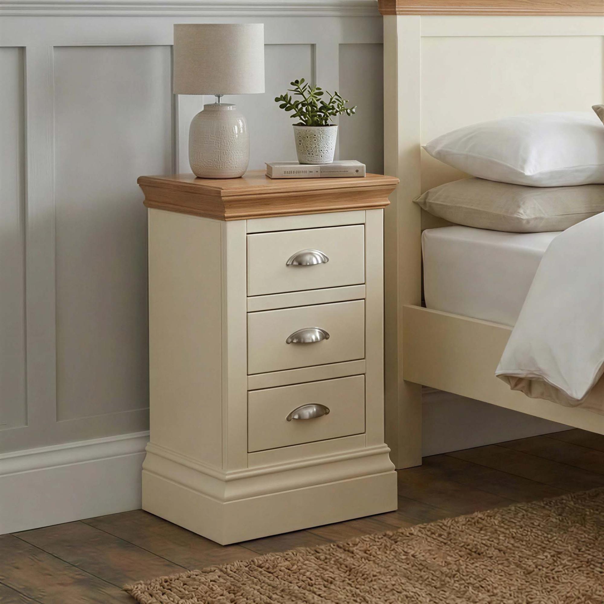 Versailles Bedside Cabinet - 3 Drawer Compact - Ivory Painted