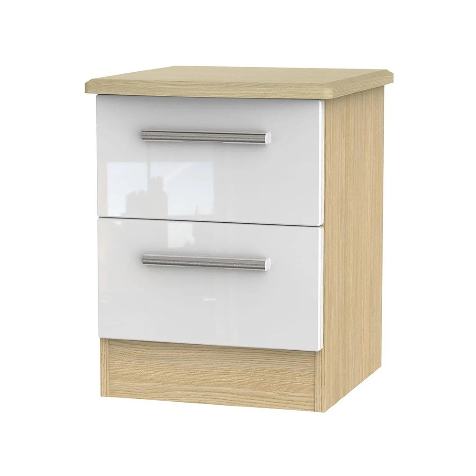 Knightsbridge Bedside Cabinet - 2 Drawer - White Gloss and Light Oak