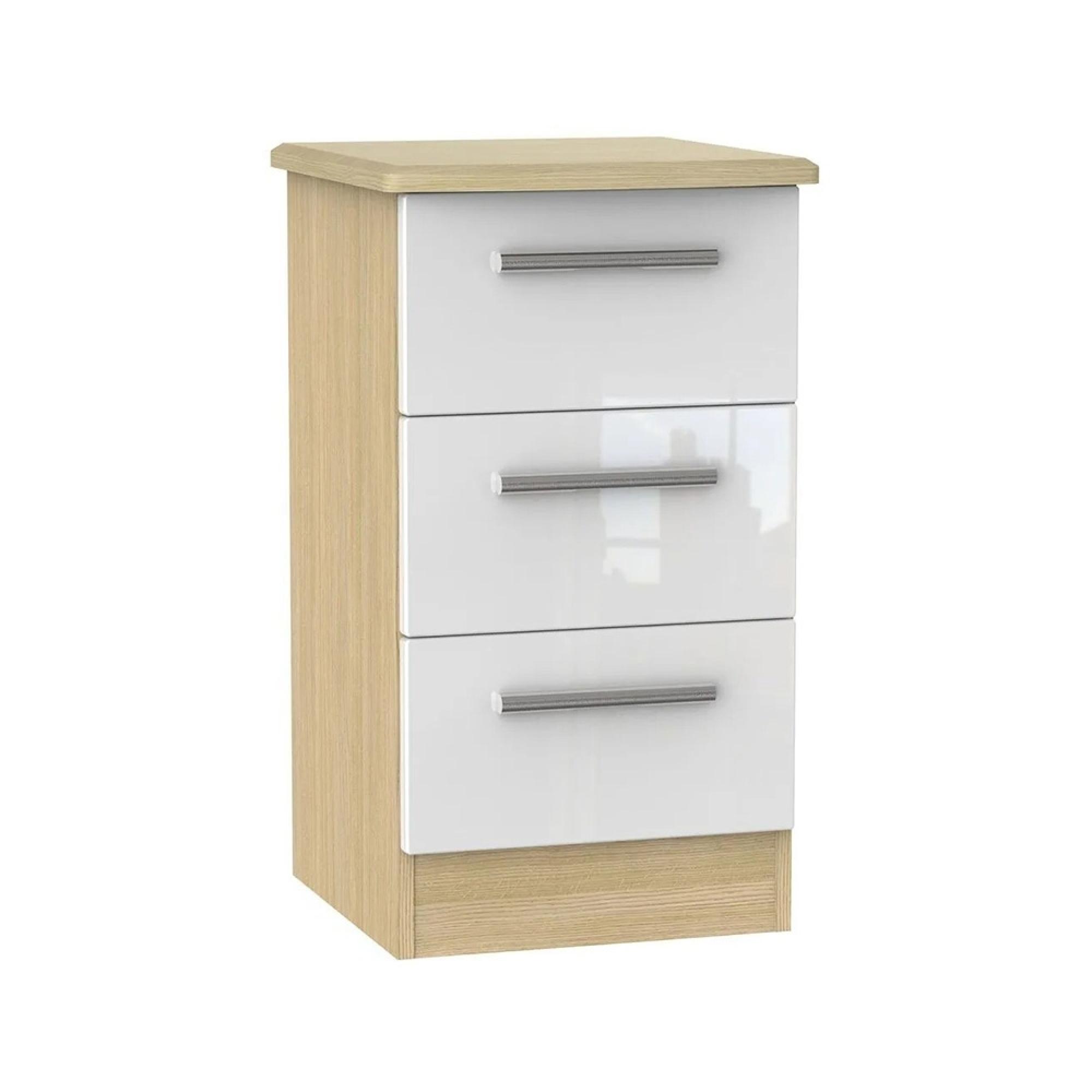 Knightsbridge Bedside Cabinet - 3 Drawer - White Gloss and Light Oak