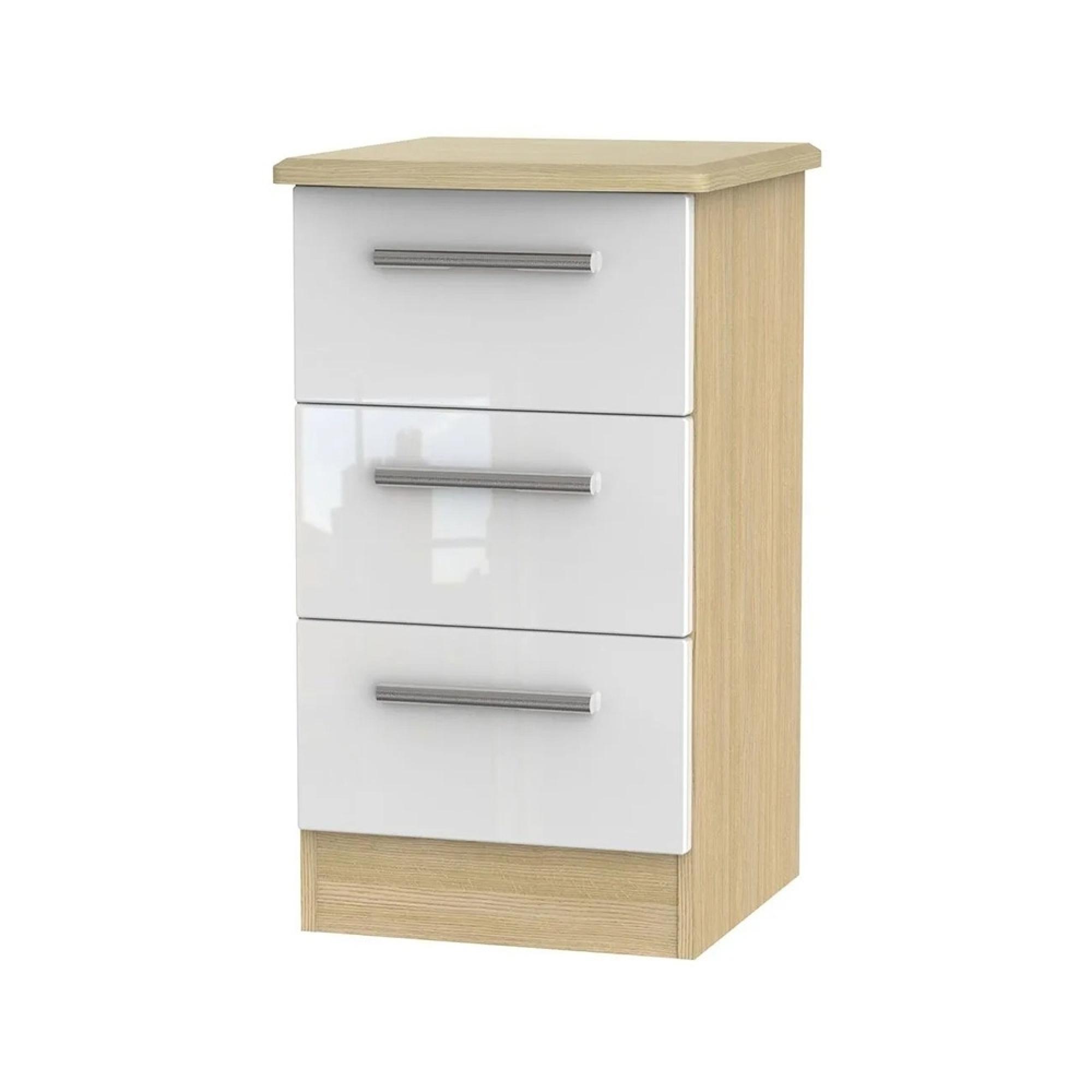 Knightsbridge Bedside Cabinet - 3 Drawer - White Gloss and Light Oak