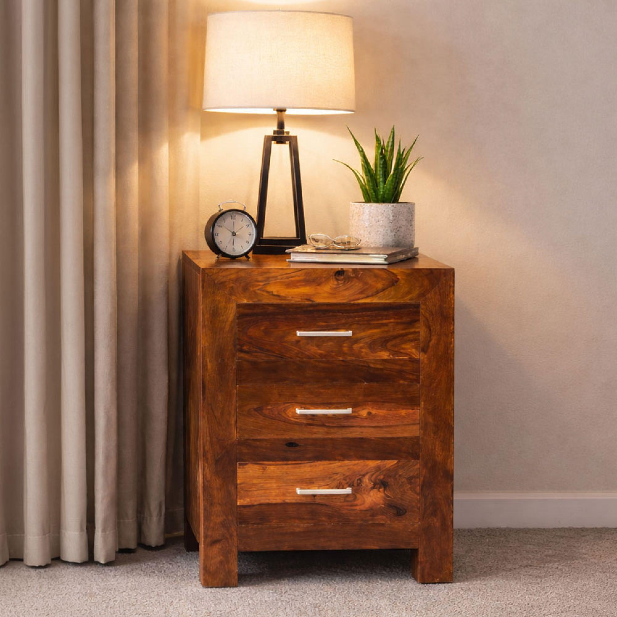 Cube Sheesham 3 Drawer Bedside Cabinet