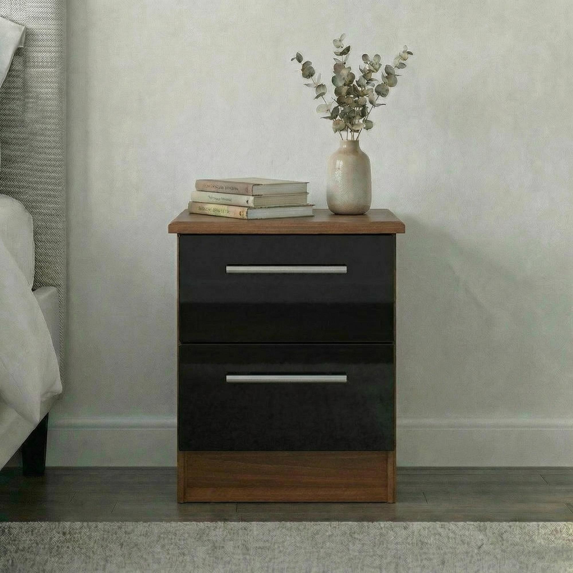 Knightsbridge Bedside Cabinet - 2 Drawer - Black Gloss and Walnut