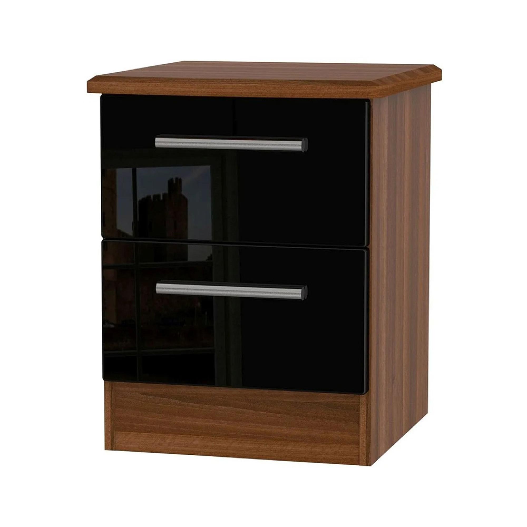 Knightsbridge Bedside Cabinet - 2 Drawer - Black Gloss and Walnut