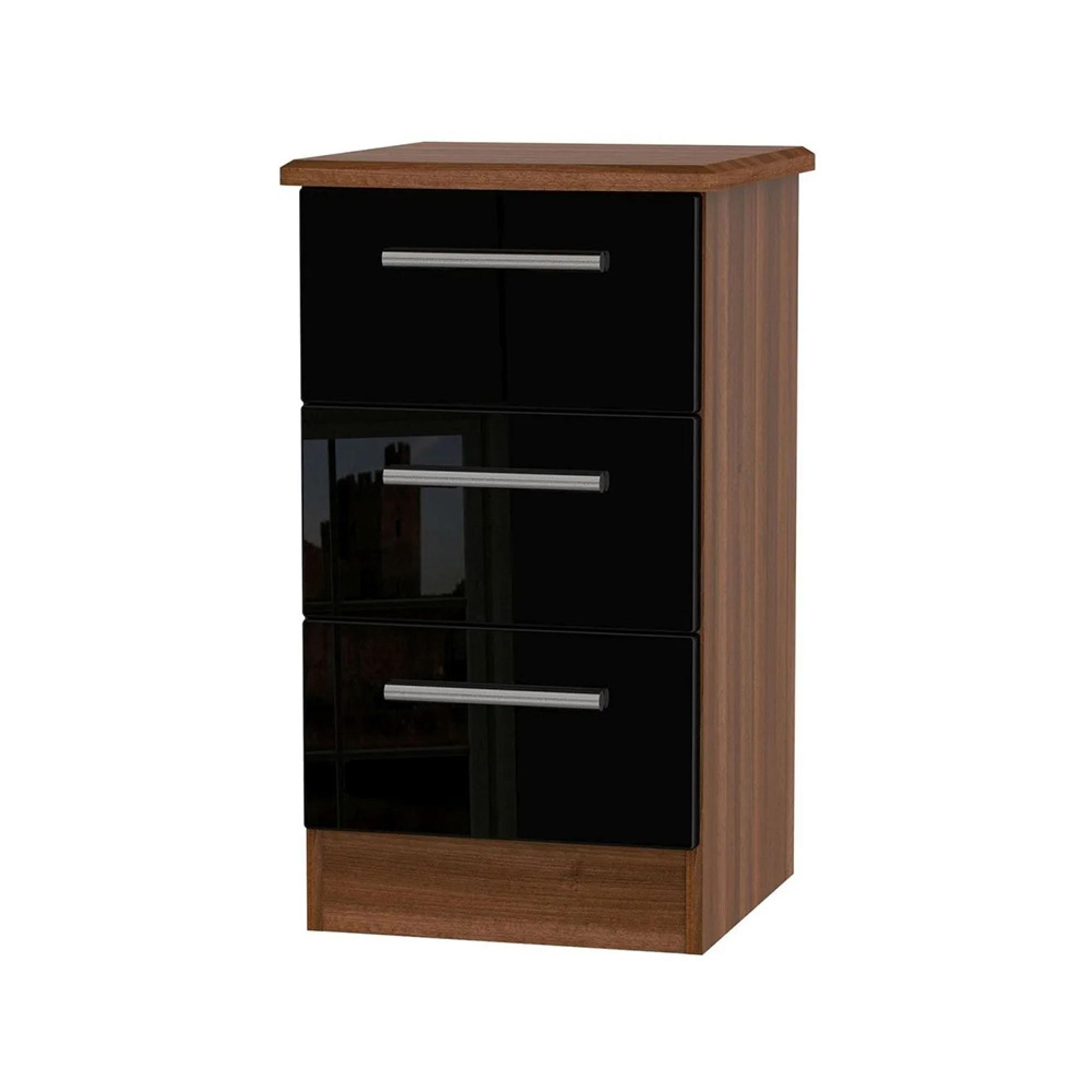 Knightsbridge Bedside Cabinet - 3 Drawer - Black Gloss and Walnut