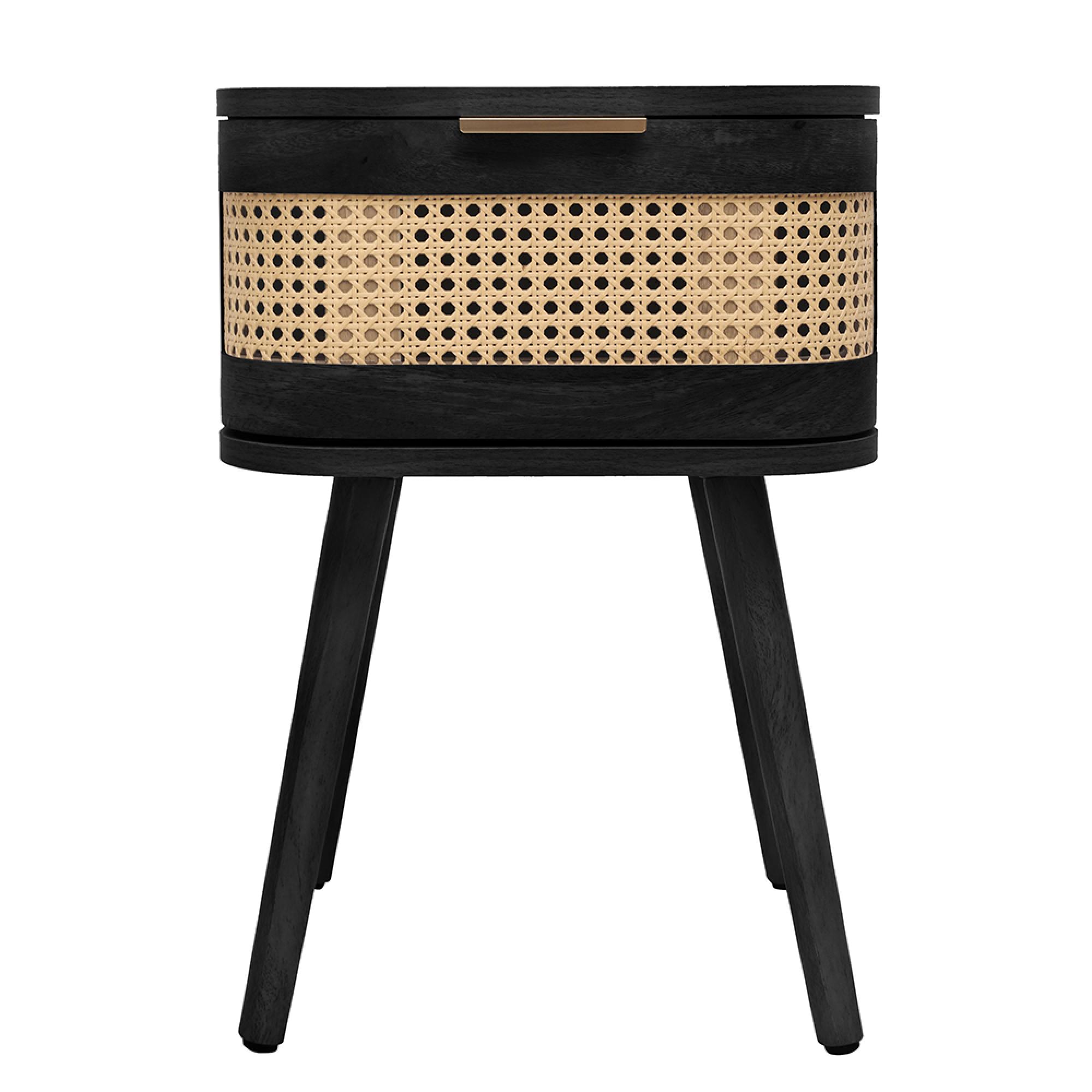 Noah Curved Bedside Table - 1 Drawer - Black and Rattan