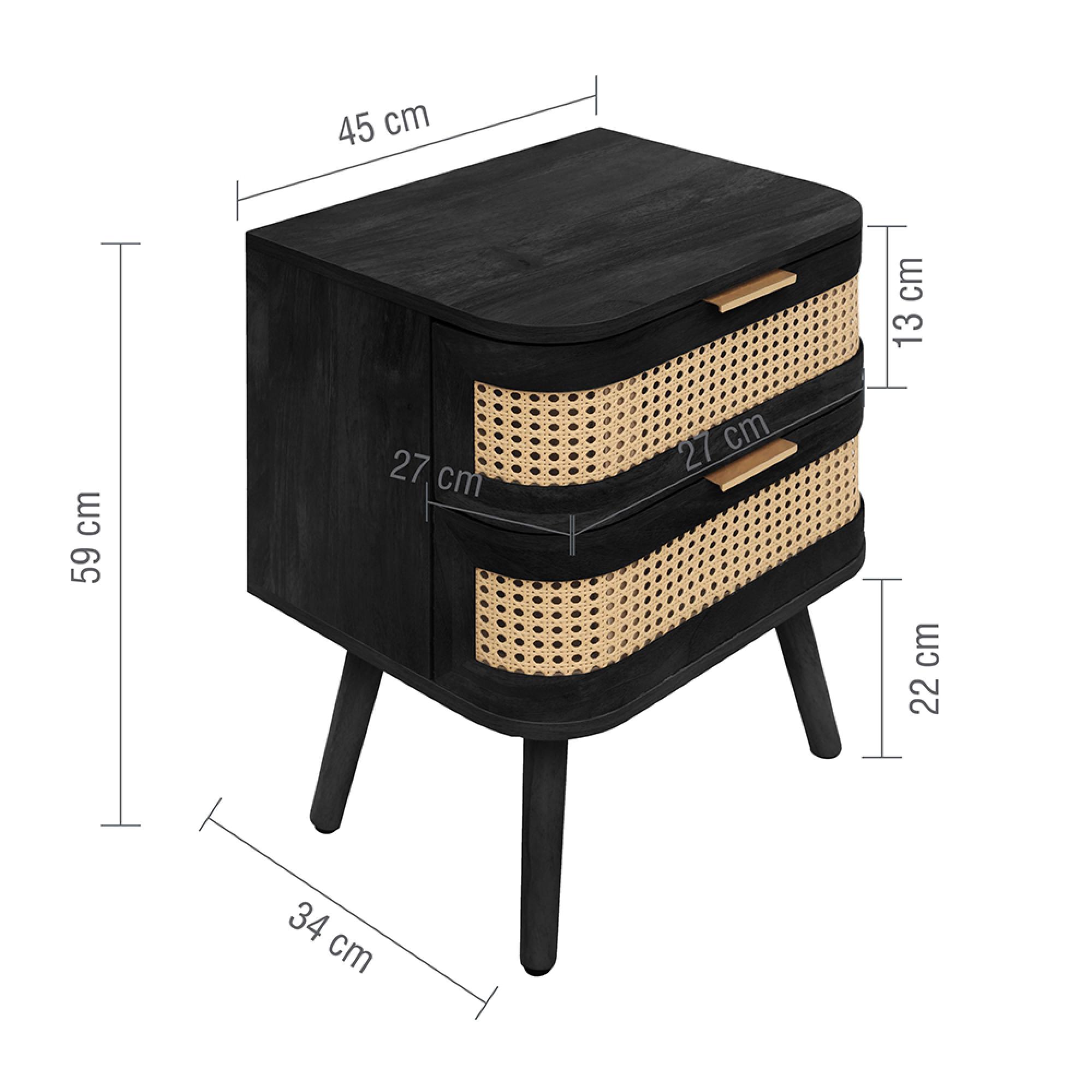 Noah Curved Bedside Table - 2 Drawer - Black and Rattan