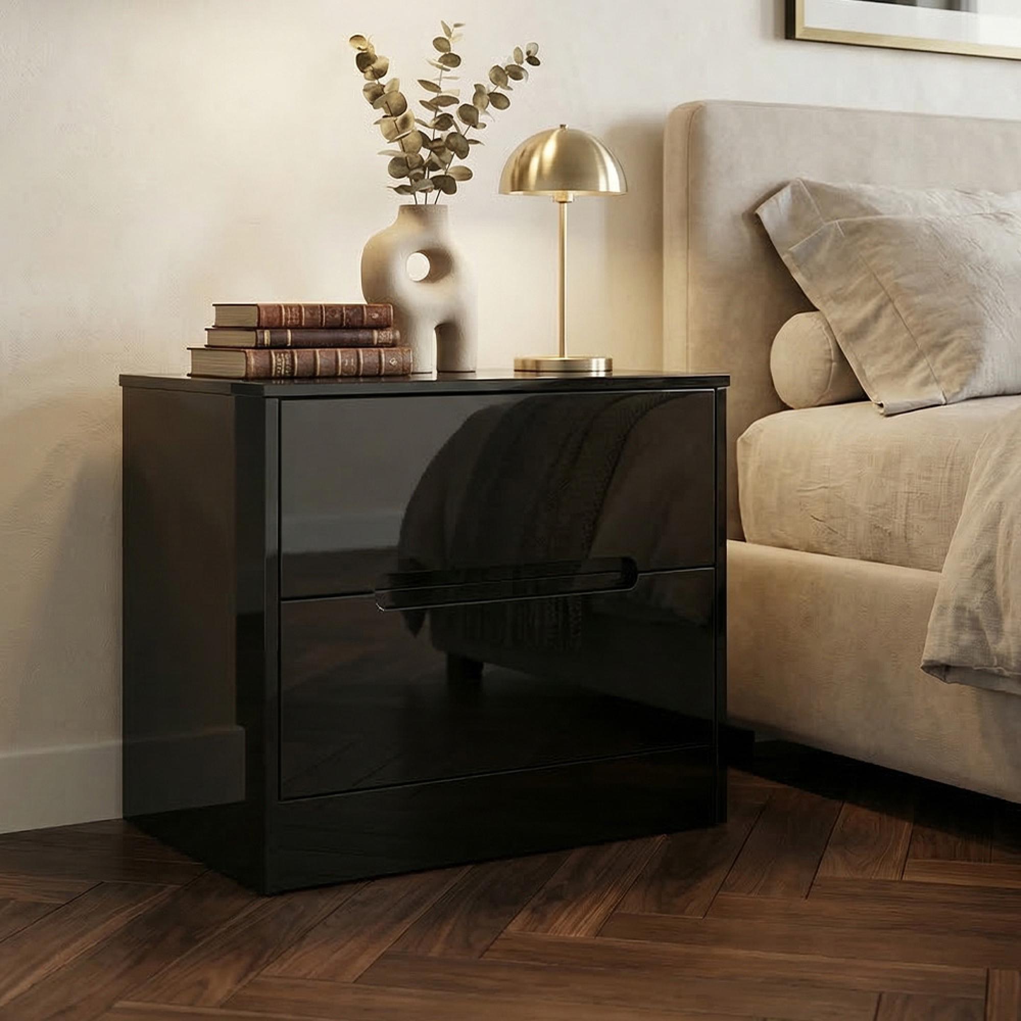 Monaco Bedside Cabinet - Wide - 2 Drawer - Black Gloss