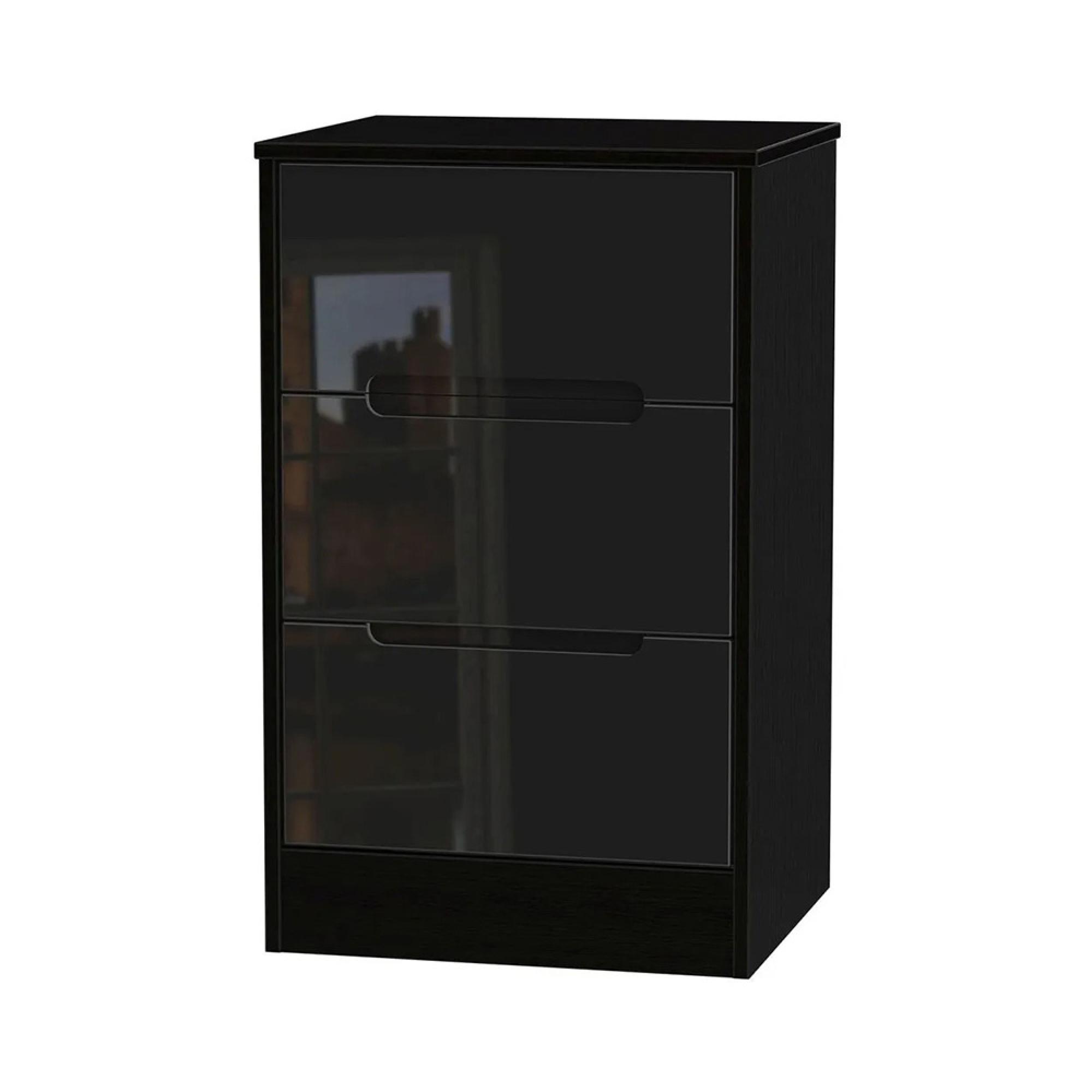 Monaco Bedside Cabinet - 3 Drawer - Black Gloss