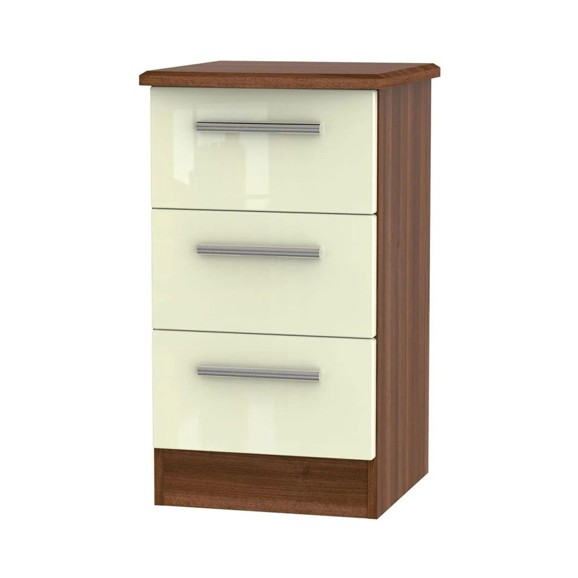 Knightsbridge Bedside Cabinet - 3 Drawer - Cream Gloss and Walnut