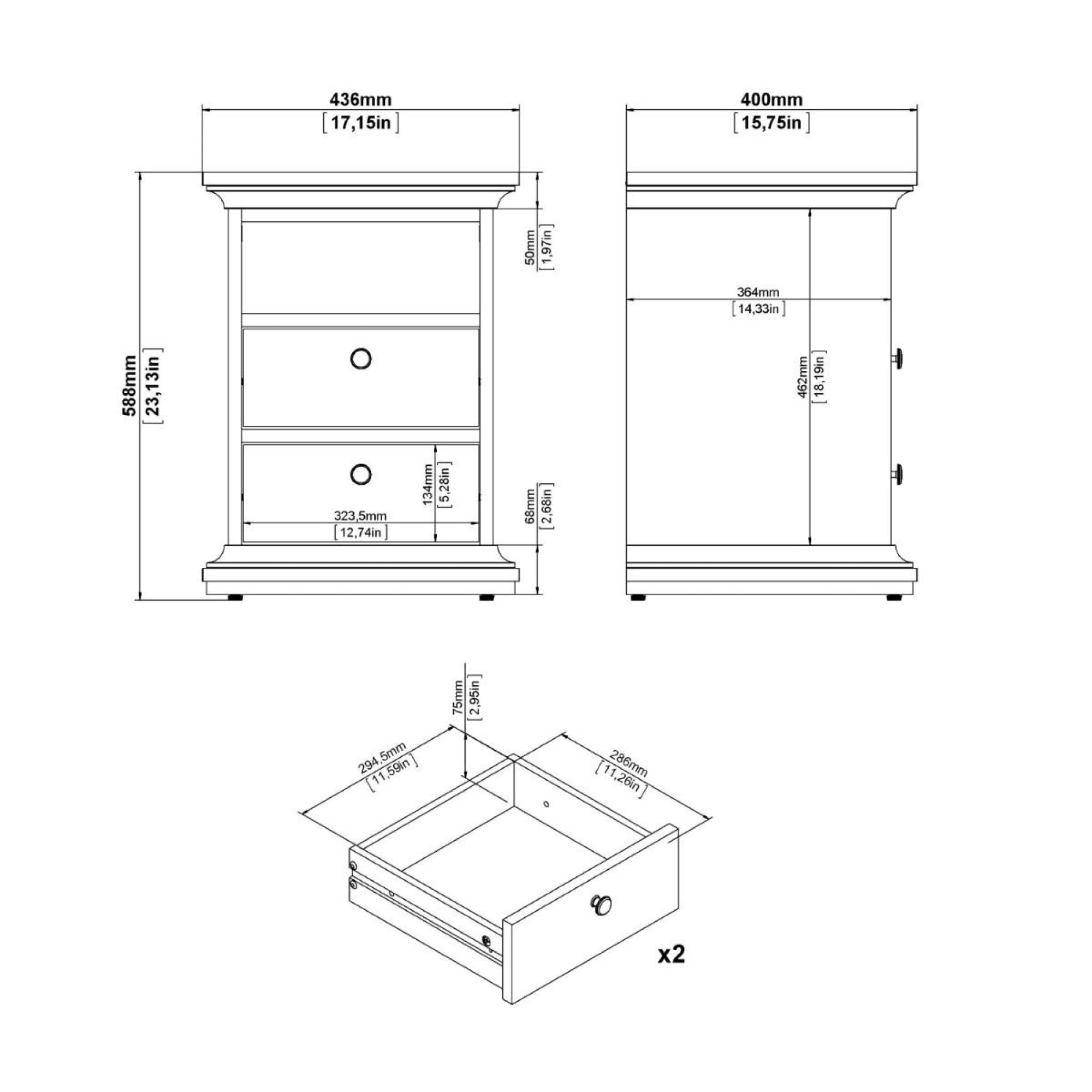 Paris Bedside Cabinet - 2 Drawer - White